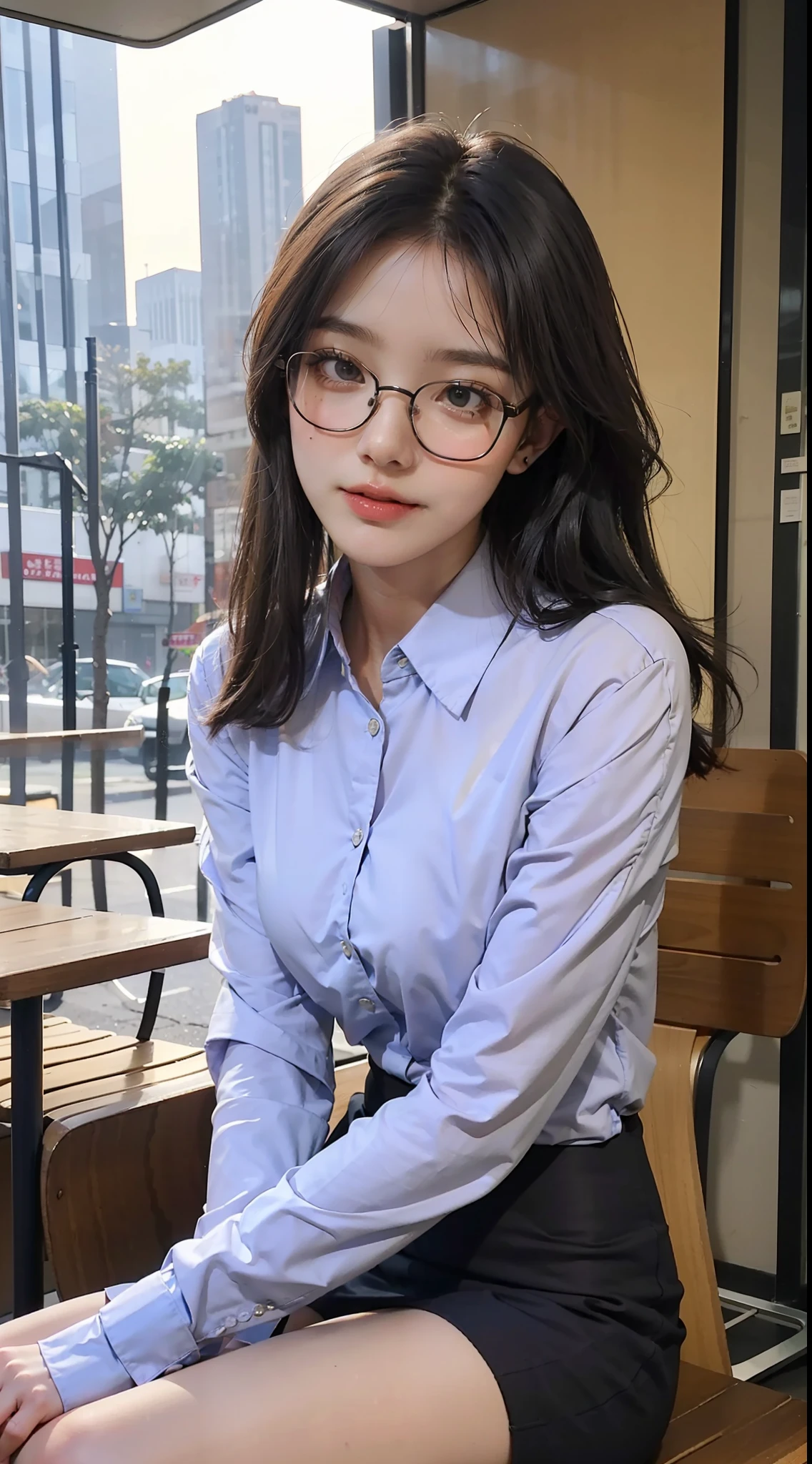 tmasterpiece,1girl,best qualtiy, Full body like,Face the lens,Refined face,pretty face,25 years old woman,slimfigure,Smaller bust,office lady uniform,Office wear,black lence stockings,Outdoor scene,Sit sideways,((wears glasses)),Outside the café,Business environment