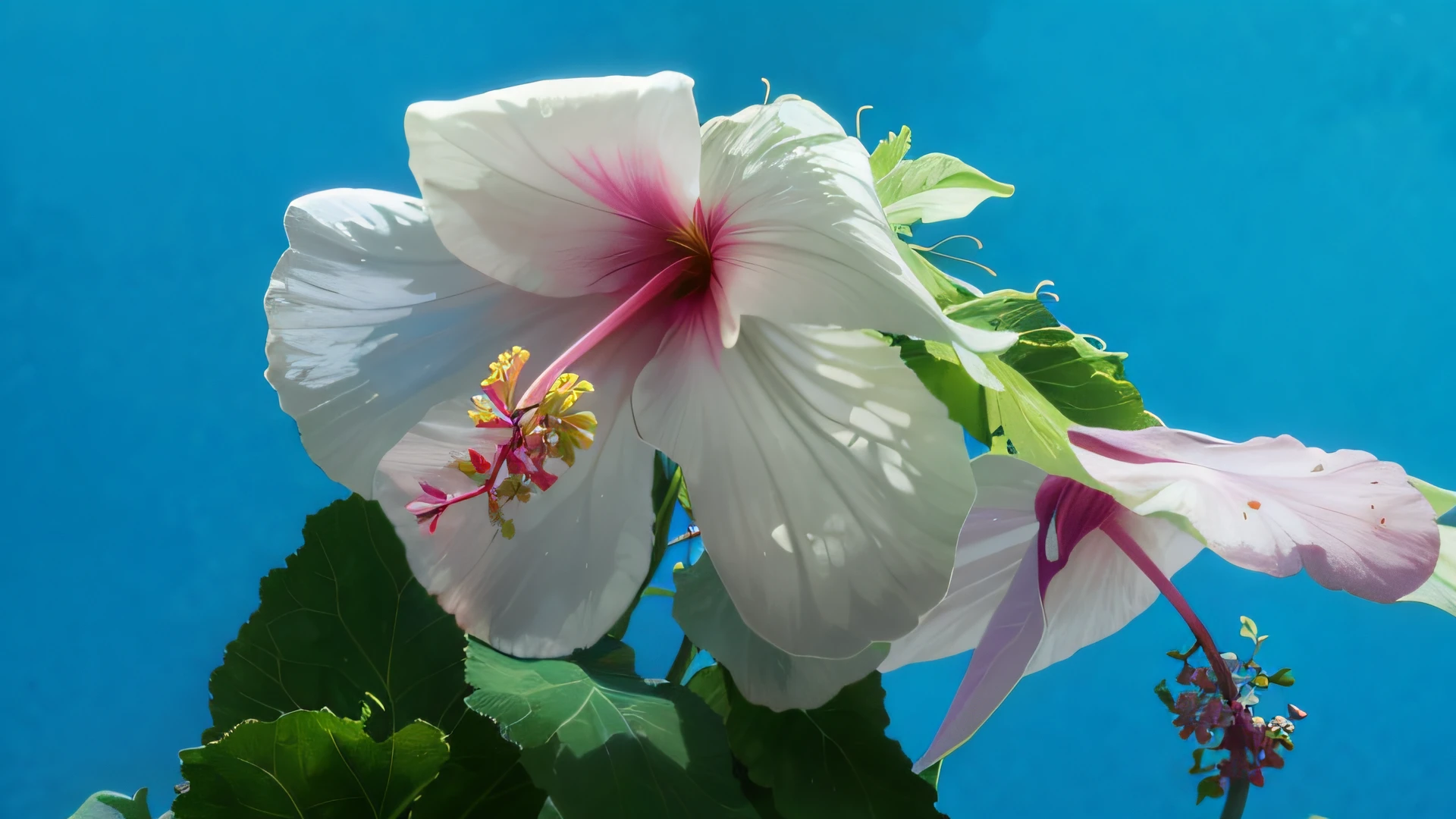 there is a pink flower that is growing on a stem, flowers growing out of its head, flowers and foliage, hibiscus, cartoon style