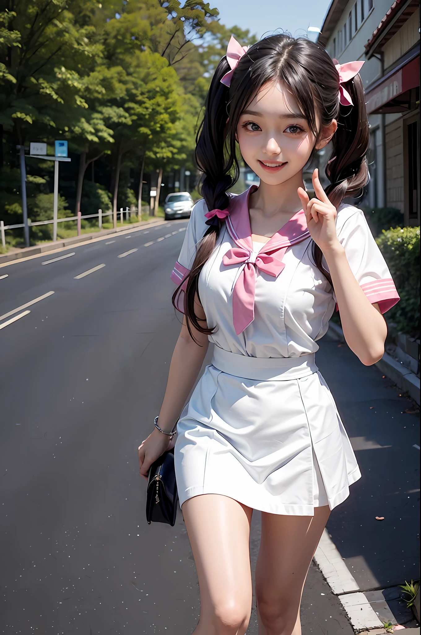 1girll,twintails,Colorful hair,black forest,Road,White sailor suit and short skirt,pink bows,-yeld fee model,Smile