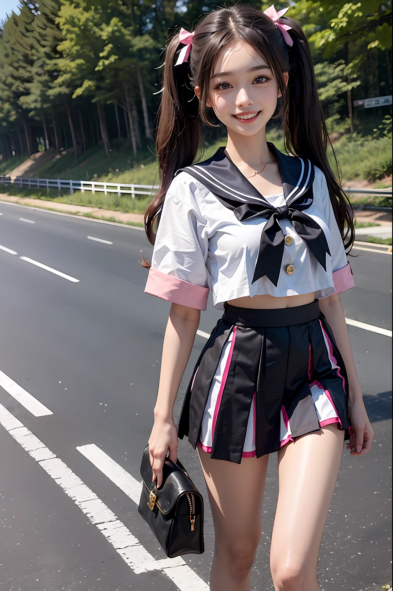 1girll,twintails,Colorful hair,black forest,Road,White sailor suit and short skirt,pink bows,16-year-old female model，Smile