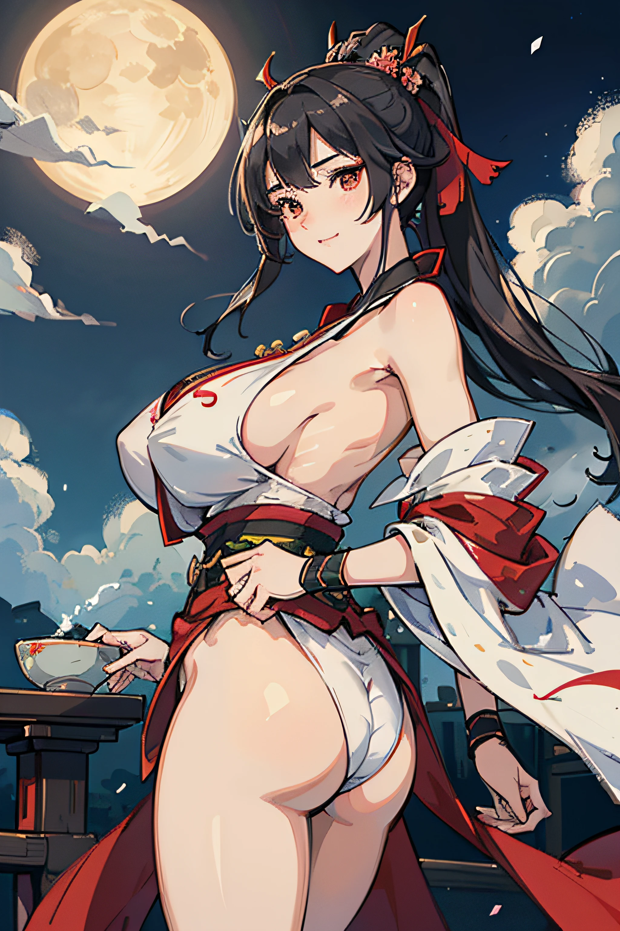masterpiece、ultra-quality、ultra-detailliert、Perfect drawing、CG、3D、8k、illustratio、Beautiful Face Girl、One Japan Beautiful Girl、Samurai costume、(((ridiculously large breasts)))、(Ridiculously huge breasts:1.5)、((huge udder))、kimono、komono、hakama、A dark-haired、poneyTail、big red ribbon、He is equipped with two Japan swords on his left hip.(Tachi 120cm、Wakizashi 90cm)、Japanese armor、hand armor、Pot metal(A bowl roll with a metal plate on the forehead)、low-hanging eyes、cute little、Dignified and cute look、cute smile face、hand on sword handle、Round cute ass、Look back with a smile、Butt sticking out pose、 3 Size B90W60H95、Moonlight leaking through the clouds、Old castle、ruins、Gradient sky、Beautiful girl in a loincloth Japanese clothes Shirtless Rich breasts Back appearance Cute Well-formed face big ass Looking back with a cute smile Measurements B95W60H90、master-piece,hyper quality, hyper detailed,perfect drawing,独奏、gorgeous、Beautiful、solemnity、graceful、dazzling、Flowers and Birds Fugetsu、Fantastical、Passionate、Dynamism、Feeling of sprinting、A quaint masterpiece、ultra-quality、ultra-detailliert、Perfect drawing、CG、3D、8k、illustratio