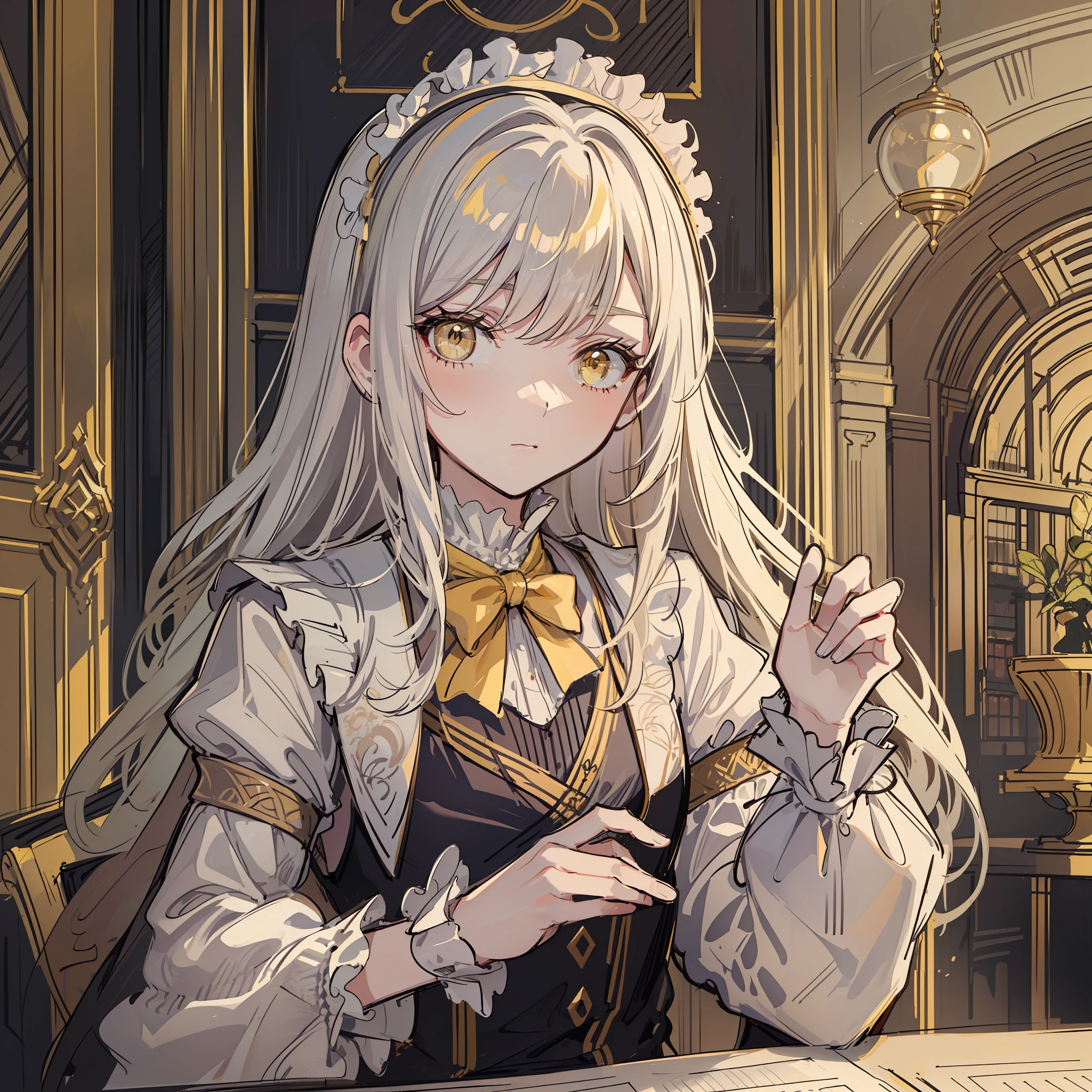 white long hair, yellow eyes, fluffy hair, bangs, protruding hair, solo, alone, library, dnd, d&d, ((fantasy style, dungeons & dragons, fantasy, aristocratic clothes, victorian style, victorian clothes)), frill,dark yellow lace cuffs, dark yellow frill, (((sketch)))
