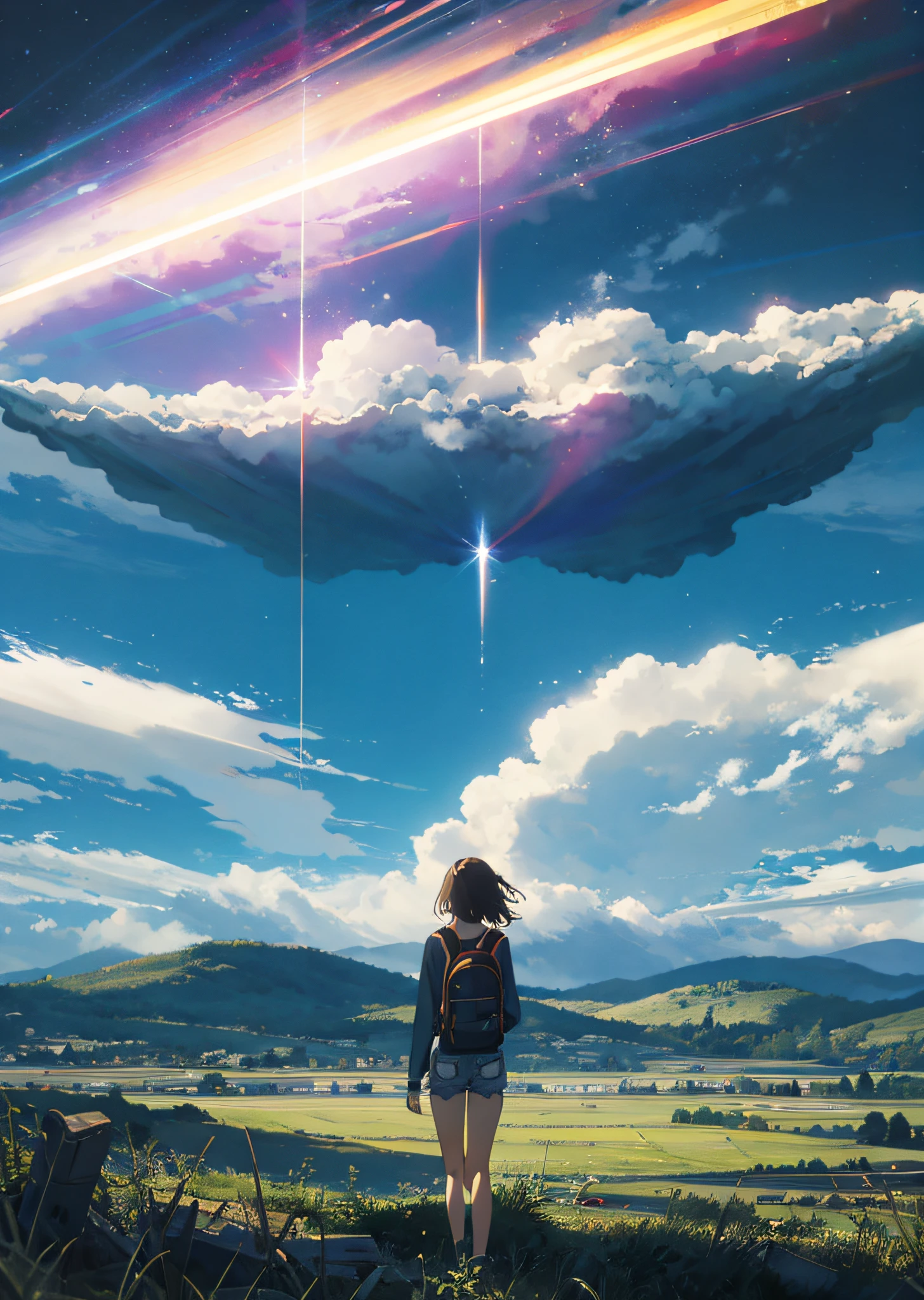 The vast sky, beautiful skyline, large grasslands, extremely tense and dramatic pictures, moving visual effects, high hanging Polaris, colorful natural glare. A girl in a long-sleeved top and denim shorts with a side backpack