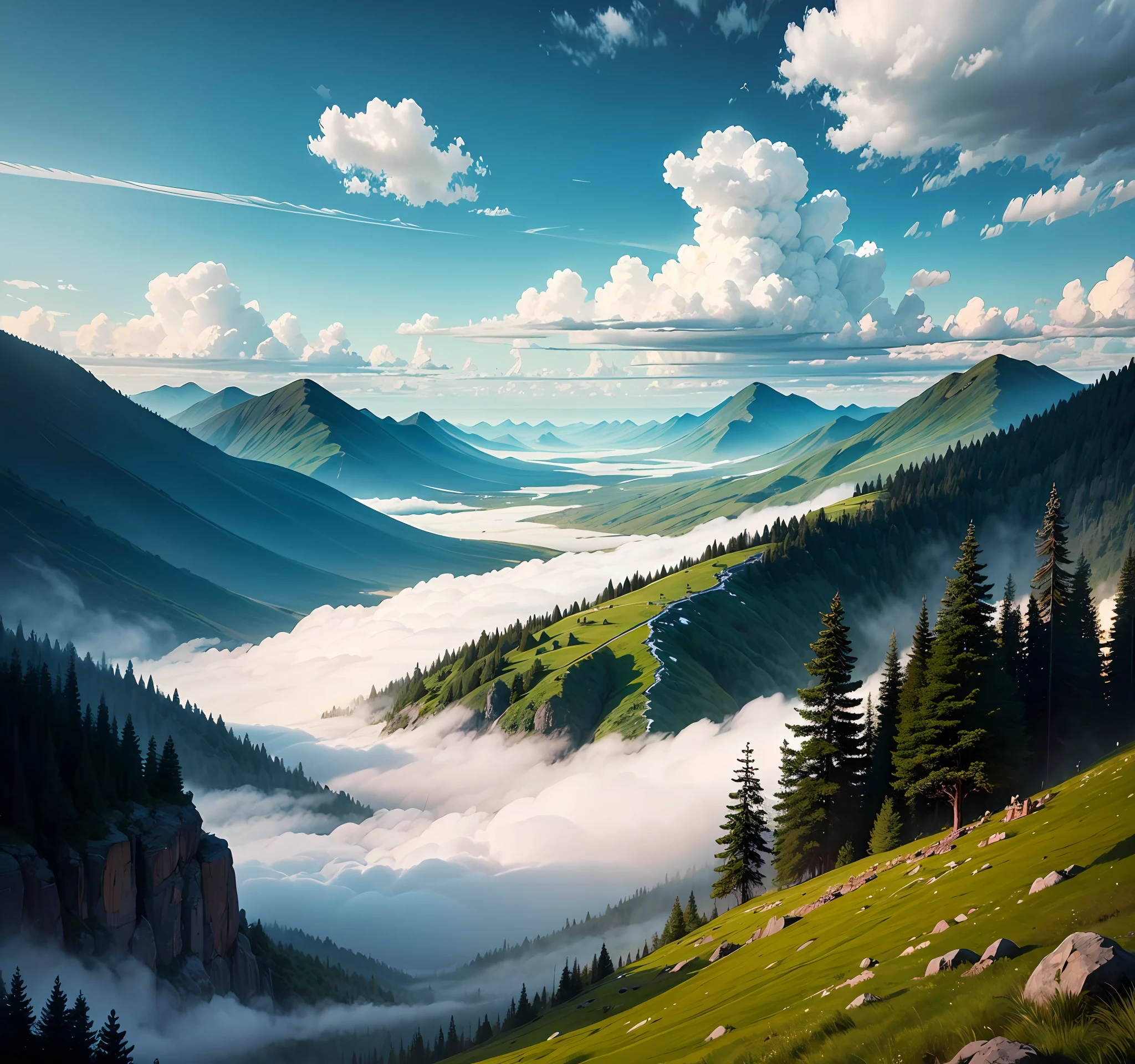 "High-definition detail,The beauty of green:1.3,Deep mountains and old forests:1.05,Rich forest sea:1.1,Field of View:1.2,Sea of clouds:1.2,Mysterious landscape:0.8,Canyon trails:1.2,Take a stroll in the tranquility:1.2,Tranquil mountain forest:1.1 " --auto