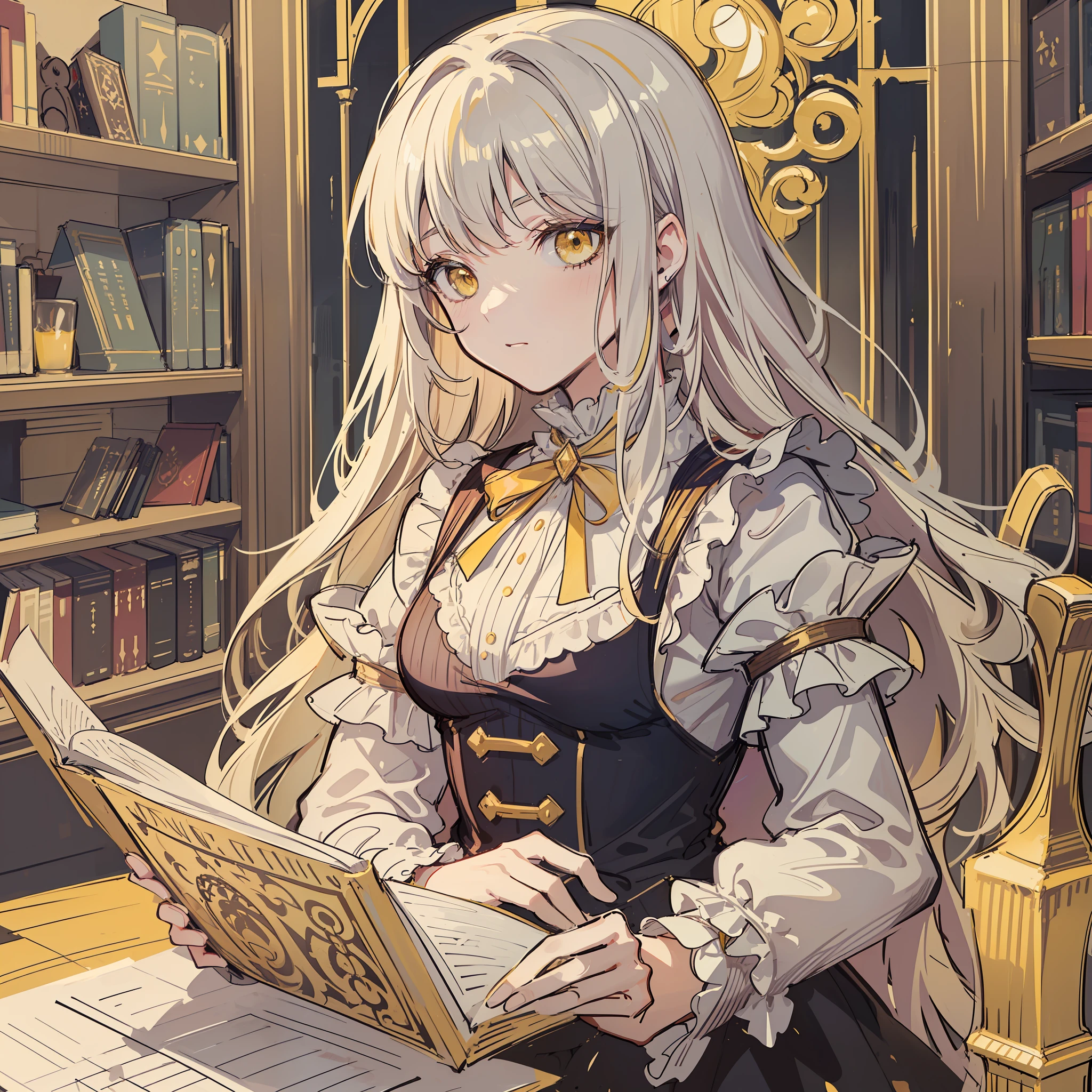 white long hair, yellow eyes, fluffy hair, bangs, protruding hair, solo, alone, library, dnd, d&d, ((fantasy style, dungeons & dragons, fantasy, aristocratic clothes, victorian style, victorian clothes)), frill,dark yellow lace cuffs, dark yellow frill, (((sketch)))