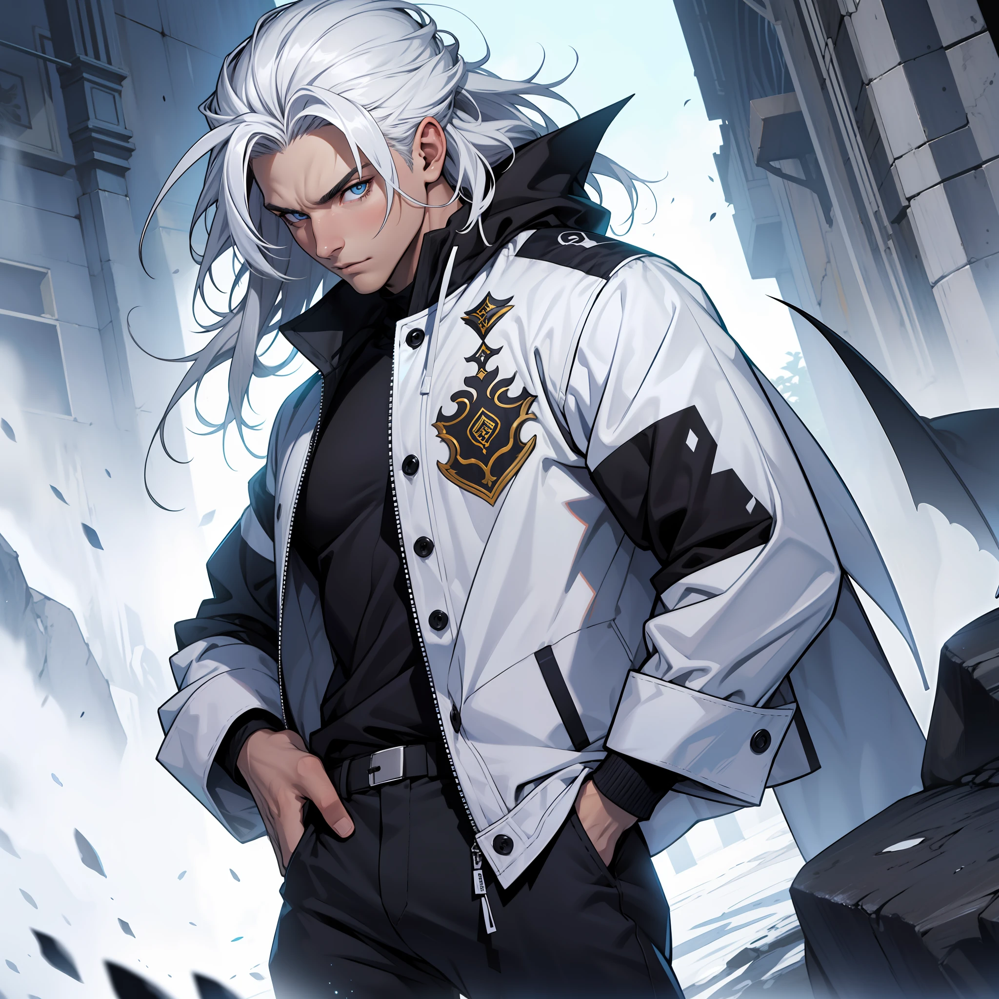 (qualidade ultra), um homem demonio, pele branca, cabelos comprido e pretos, olhos pretos e brancos, sem roupa, black pant, sinto branco, meio forte, alto, fundo branco, sozinho.