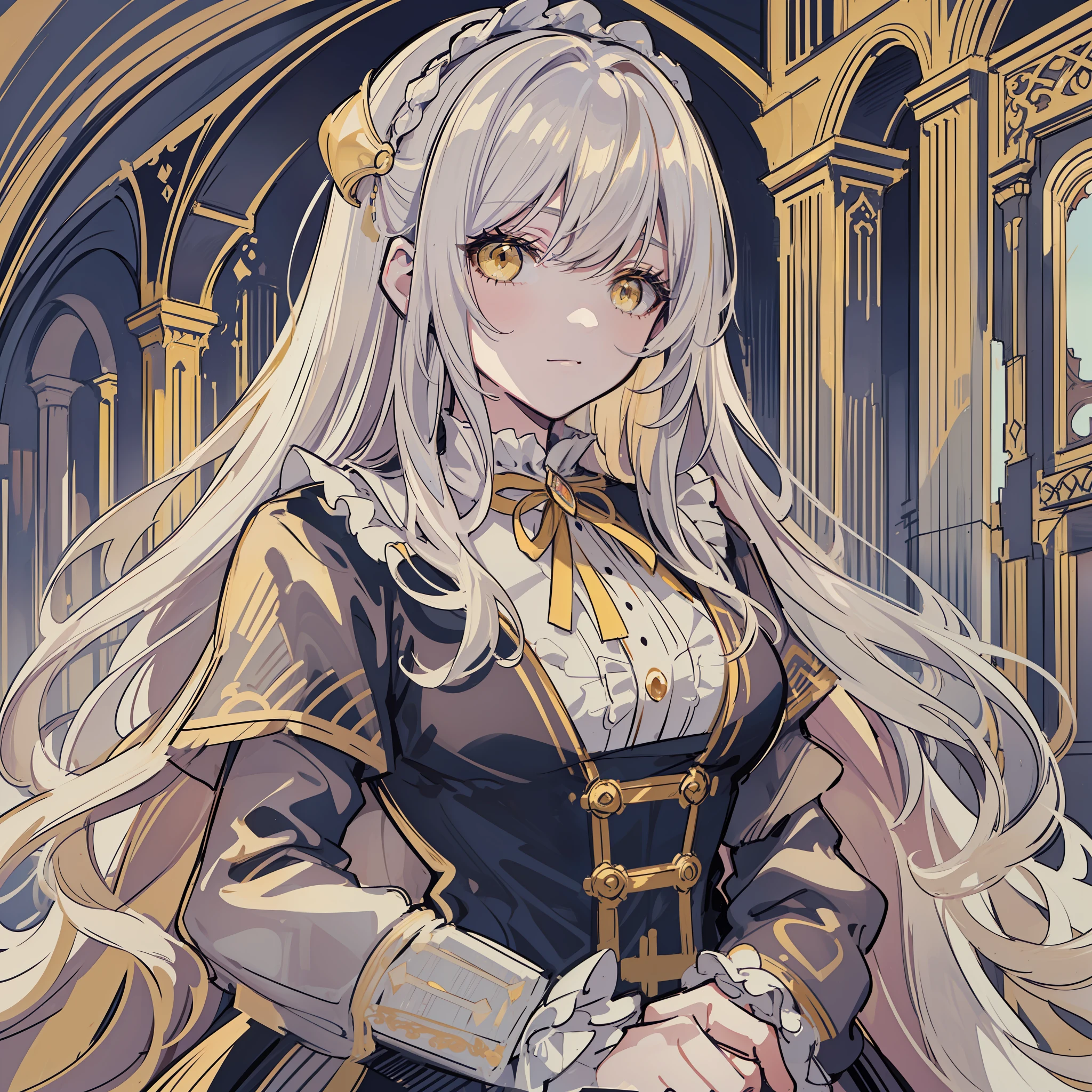 white long hair, yellow eyes, fluffy hair, bangs, protruding hair, solo, alone, library, dnd, d&d, ((fantasy style, dungeons & dragons, fantasy, aristocratic clothes, victorian style, victorian clothes)), frill,dark yellow lace cuffs, dark yellow frill, (((sketch)))