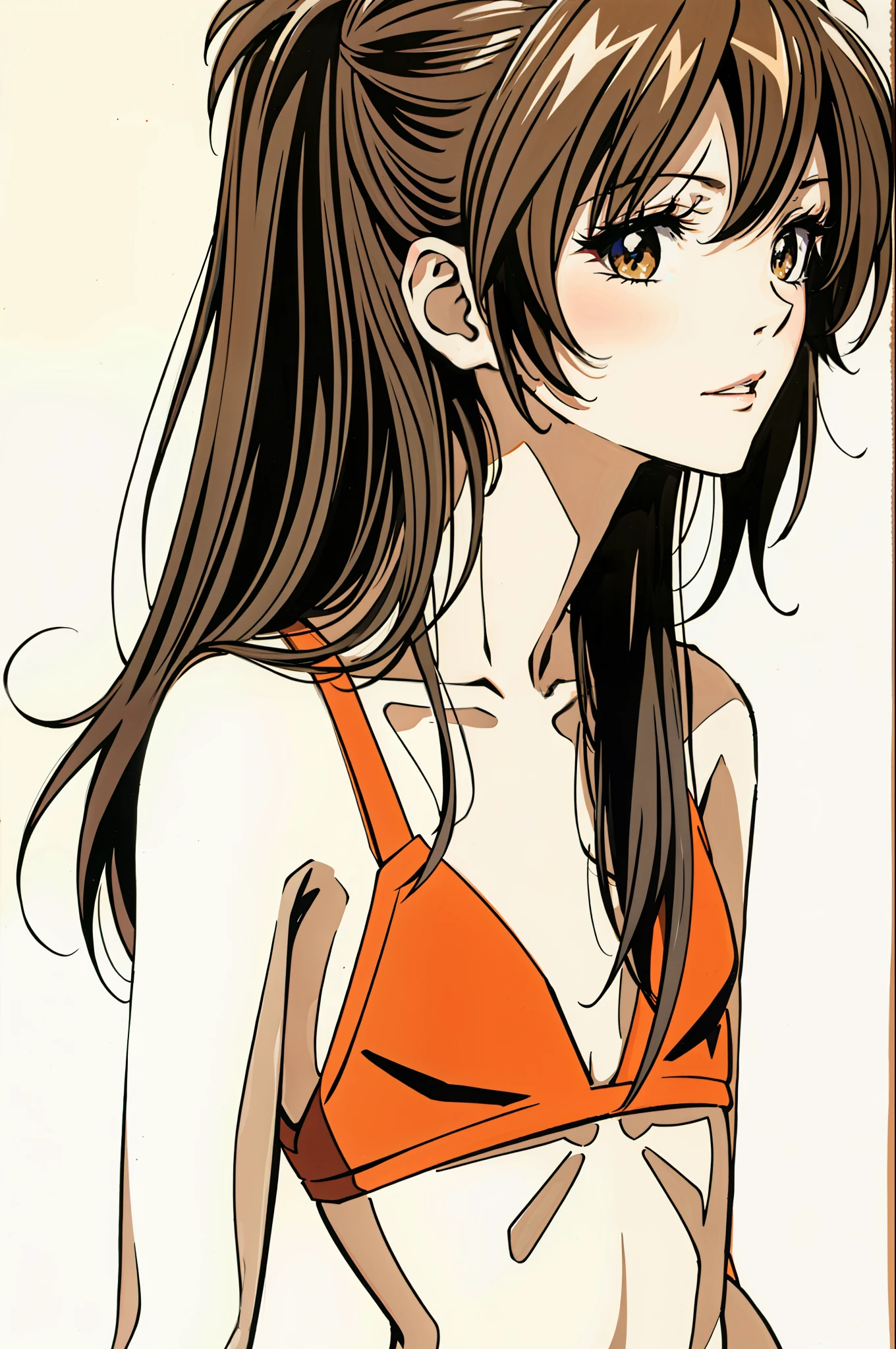 foto retrato de cuerpo entero, beautiful asuka langley anorexic, muy flaca en bikini, huesos y costillas visibles, small flat breasts, very small waist, piernas delgadas, rostro hermoso, vista de perfil de Asuka Langley muy muy flaca, fondo blanco.