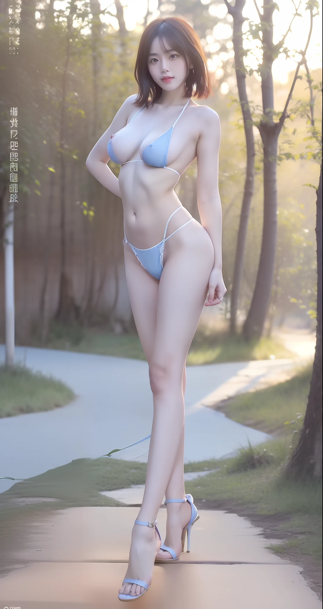 (((masterpiece)))、(((Photorealsitic)))、(((Top image quality)))、(((The ultra -The high-definition)))、(((ultra-detailliert)))、(((8k photo)))、RAW Photography、Asian woman in arafe in white panties poses for photo、((18year old))、(((toppless)))、Upper body naked、Focus on the model、(((Forest background)))、((Green leaves in the background))、blue open sky、during daytime、(((Very short shorthair)))、(((Light blue berry short bob)))、((Photorealistic perfect body)), (((smooth white skin)))、realistic shaded perfect body, pinup body, photorealistic full body, photo of slim girl model, model with attractive body, Perfect body, style of beautiful body、((The most beautiful face))、Beautie、Attractive double eyelids、Seductive eyes、appealing breasts、((Colossal tits))、((String panties))、(((Very small panties)))、 (((NSFW:1.5))、((Perfect ))、(((Beautiful )))、(((a very beautiful woman)))、Erotic、A sexy、One thumb and four other fingers、5 toes、high-heels、(((Orchan)))、