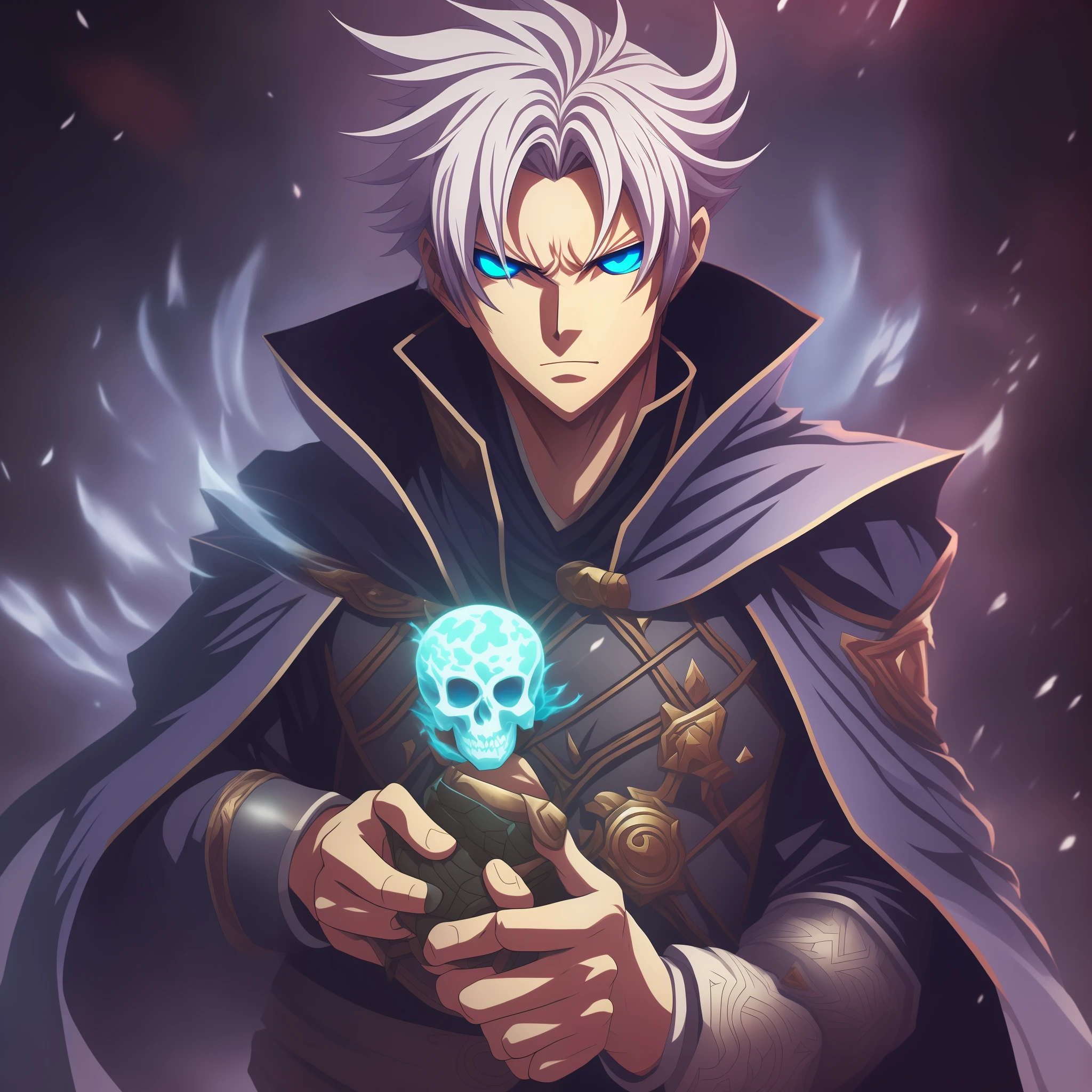 Mage Frost adolescente anime masculino, holding ice skull in left hand, pvp