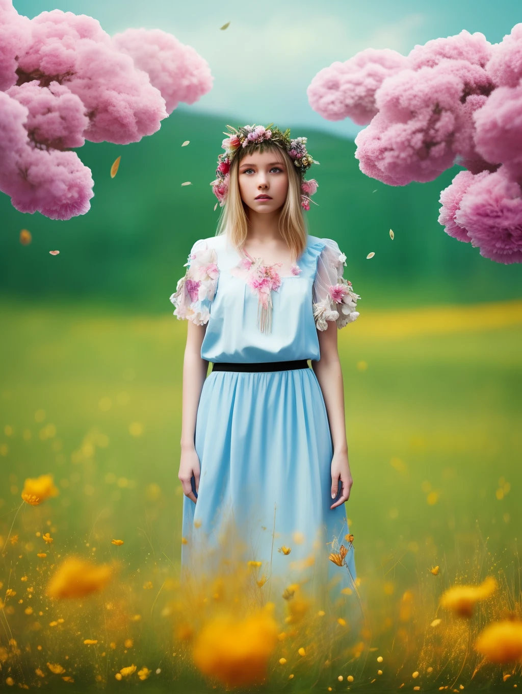 An insanely beautiful blonde young woman, is standing with flowers explosion in the background, in the style of midsommar, fanciful, natural landscape , dreamlike imagery, captivating documentary photos, flowing fabrics, disintegrated, intricate