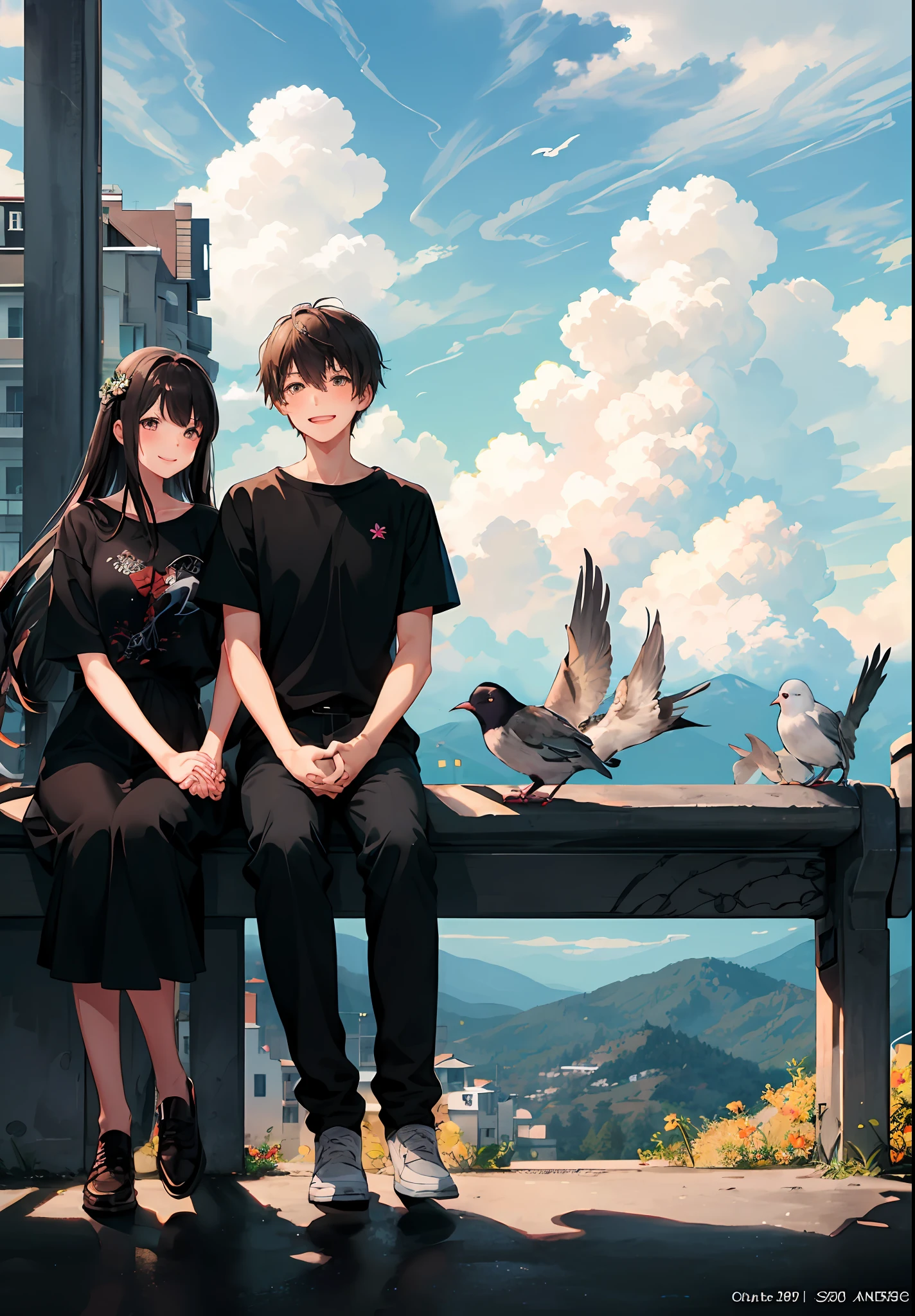 (masterpiece:1.3), best quality, official art, 1girl, 1boy, (cute:1.3), sitting on a park bench, (holding hands), smiling, blushing, (bright), (:D:0.6), sun light, cumulonimbus clouds, birds