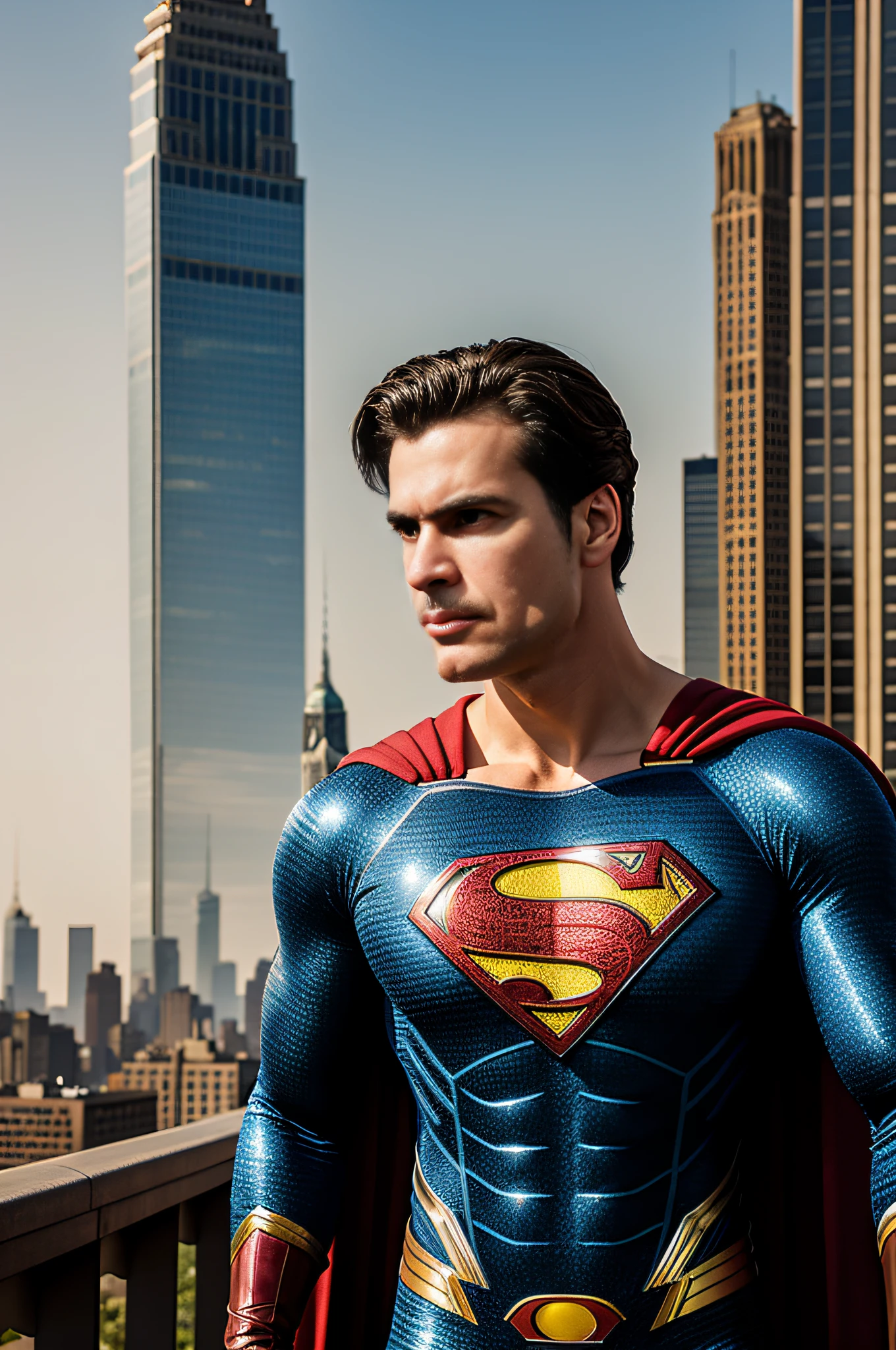 High-resolution full-body portrait of Superman, with classic costume, christopher reeve, homem de 42 anos, bem magro, estatura de (1,80), corte de cabelo curto de estilo militar, latino-americano, HD, Retrato digital, majo, Artistic Station, comiс style, por artgerm, Cara Denning, Jakub Rozalski, Magali Villeneuve e Charlie Bowater, ao fundo a cidade de Nova York