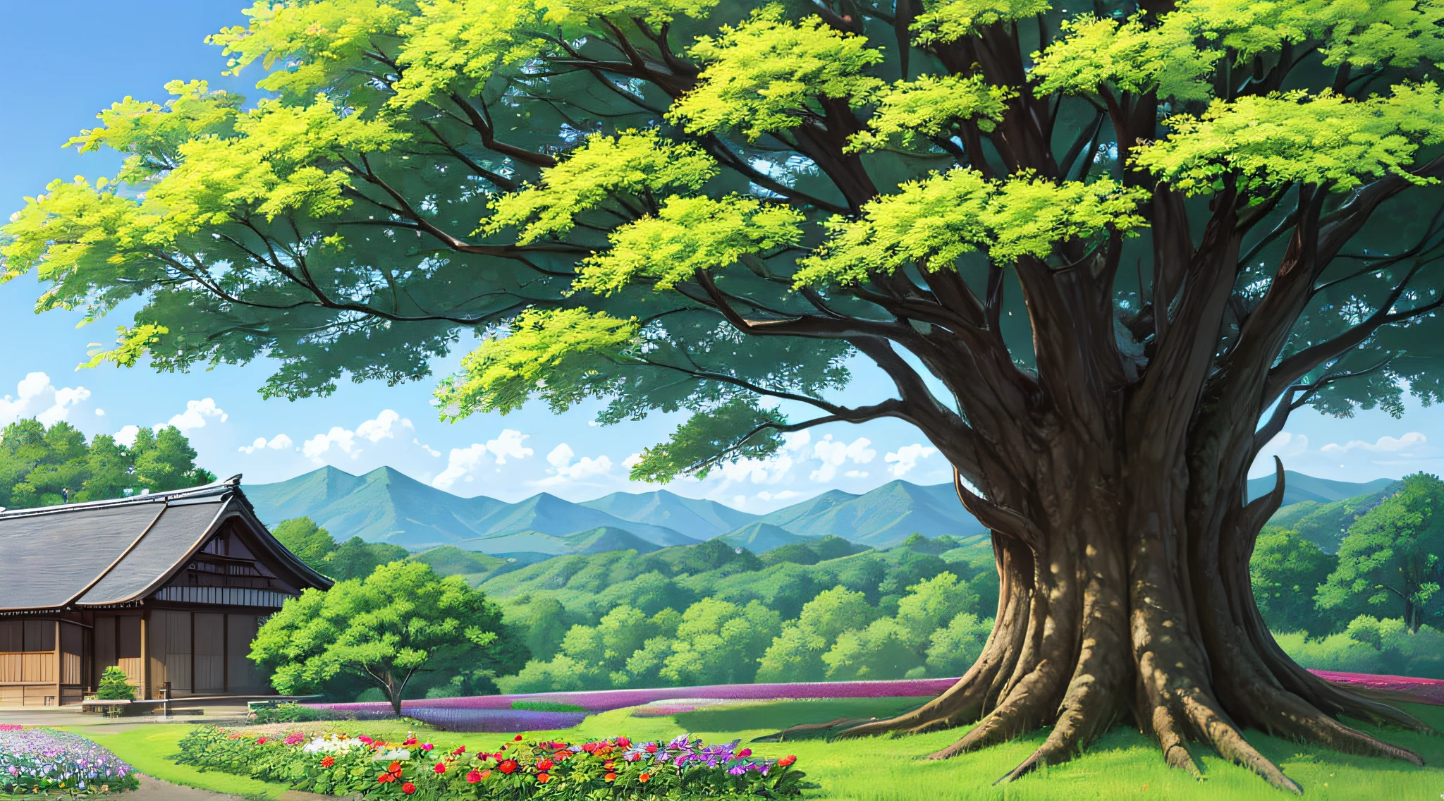 Flower garden and house view in the distance, flickr, Japan countryside, Japan countryside, big tree, Karuizawa, giant tree, big tree, Japan nature, tall tree, gunma, studio ghibli