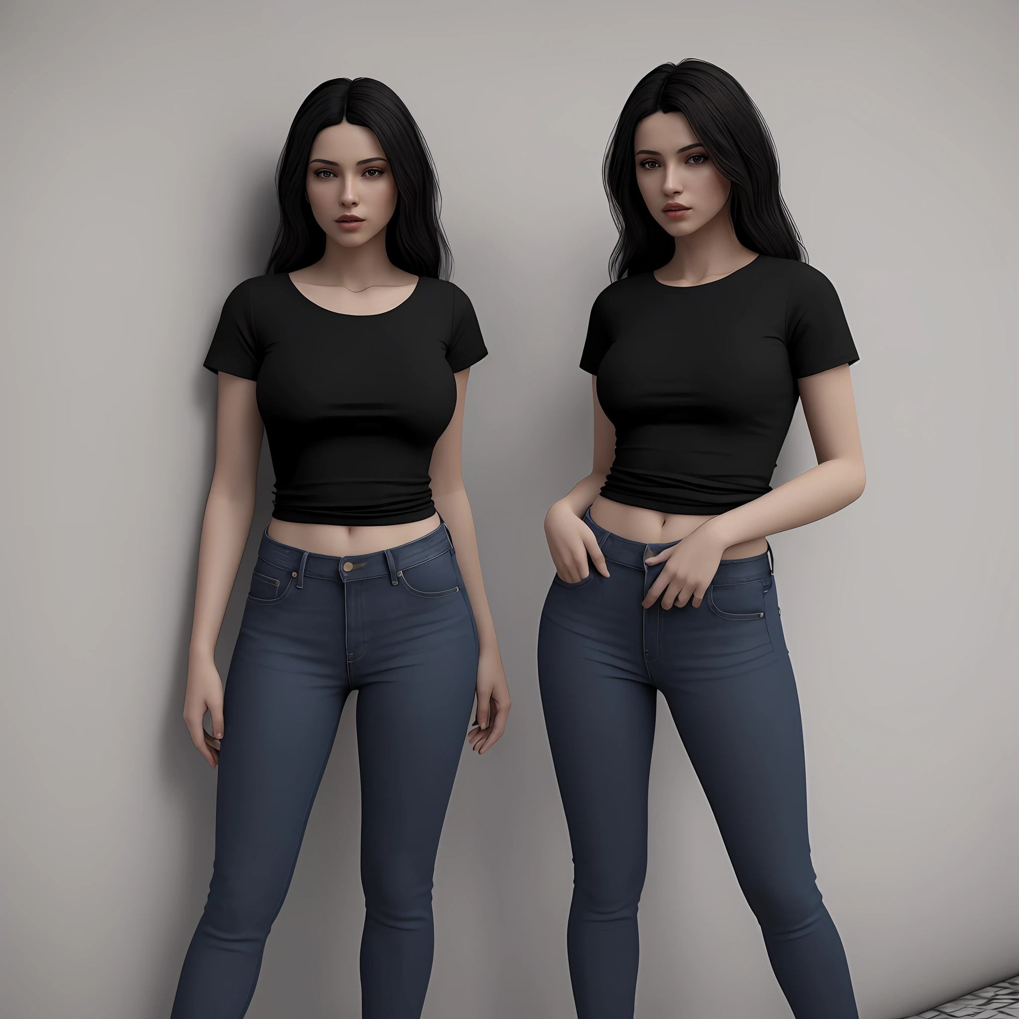 Latin young women, black hair, a portrait photo of a stylish woman, wearing a black round neck Tee-shirt, tight jeans, full body length tee-shirt, complex background, (8k, RAW photo, best quality, ultra high res, absurdres, intricate, photorealistic, masterpiece, ultra-detailed, Unreal Engine)