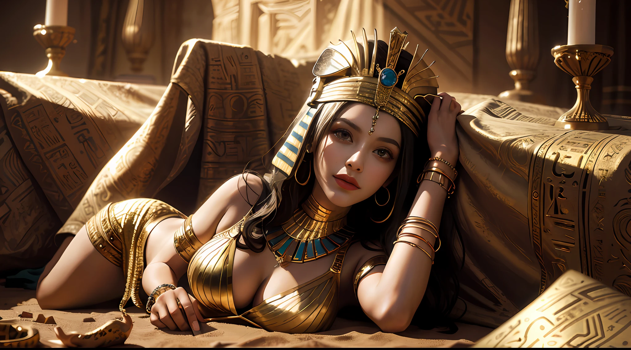 (((sfw))), 
 (girl:1.2), (solo:1.2),   adult, 30 years, egyptian, pharaoh,     ( egyptian queen Cleopatra), (half-lying, resting) on the gold sofa, Lying on the side,   and       ( a detailed Cheetah) laying next to her like sphinx,   BREAK      
 detailed beautiful face,   busty, ( large hanging breasts),  covered nippleslips, open beautiful tummy,open shoulders,barefoot, wide hips,    mulatto, dark skinned,detailed dark short hair,          
   golden silk bra, golden silk thong,  [gold armor],       egyptian face makeup, Egyptian striped head scarf, [slim gold body chains], long eyelashes, languishing look,       
   full body view, (resting pose), proud and majestic, [staged cosplay photo],        epic historical shoot, ancient shoot,  a realistic shoot from ancient Egypt,  
   brimming with gold, precious gems, and magnificent drapery, gold jewelry, bracelets, beauty,         
   detailed face, detailed pupils, detailed iris of eyes, detailed color contact lenses, best combination of 5fingers,perfect detailed body, correct humanoid anatomy,         best quality, masterpiece, small detailed, high-resolution, intricate details,