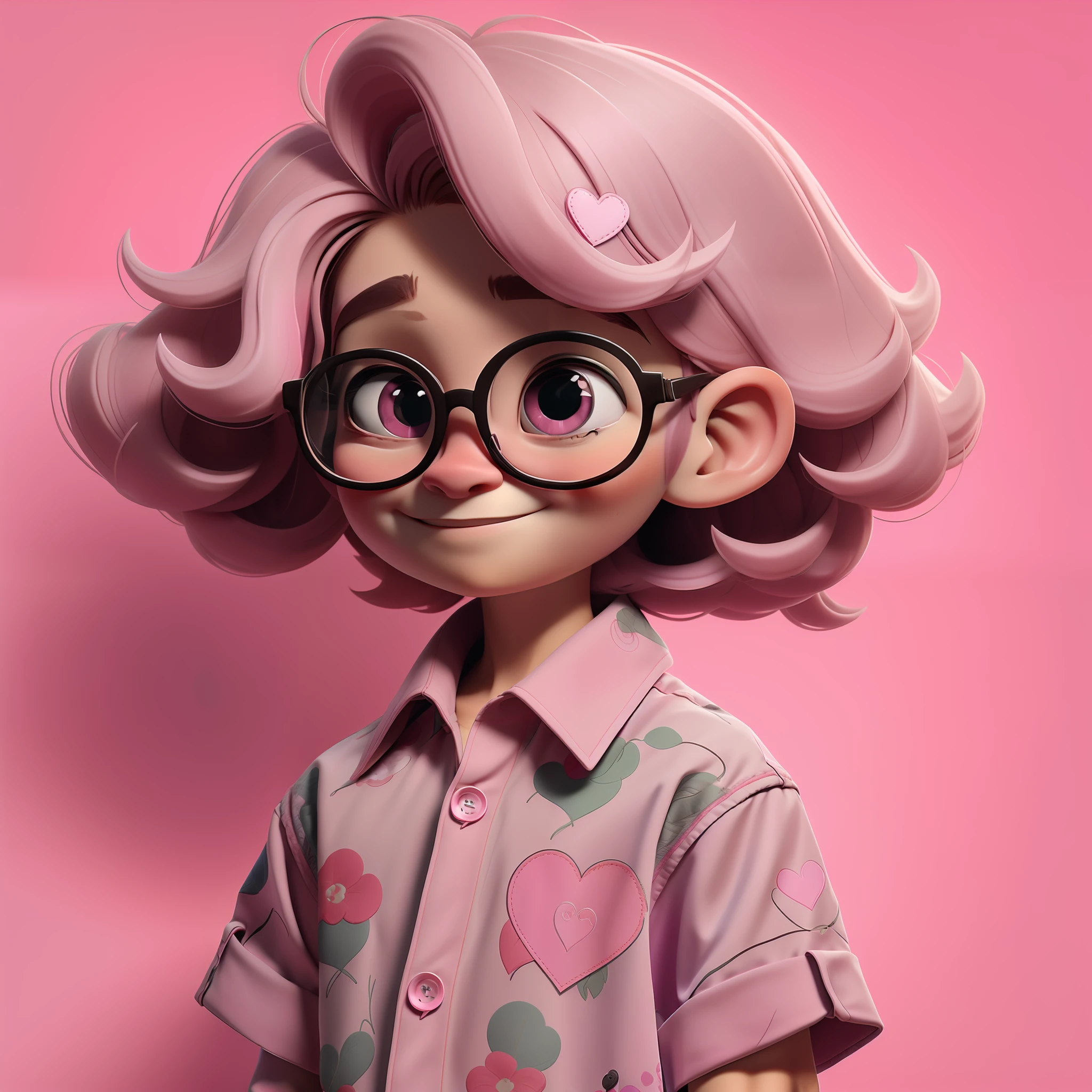 solo, 1boy, foco masculino, camisa florida, flores, camisa, fundo simples, sorriso, male child, heart-shaped glasses, cabelo curto, boca fechada, Pink is a magical color with a delicate and affectionate sensibility. Ele tem um tom rosa suave e delicado, com cabelos suaves e sedosos. Their eyes convey empathy and compassion