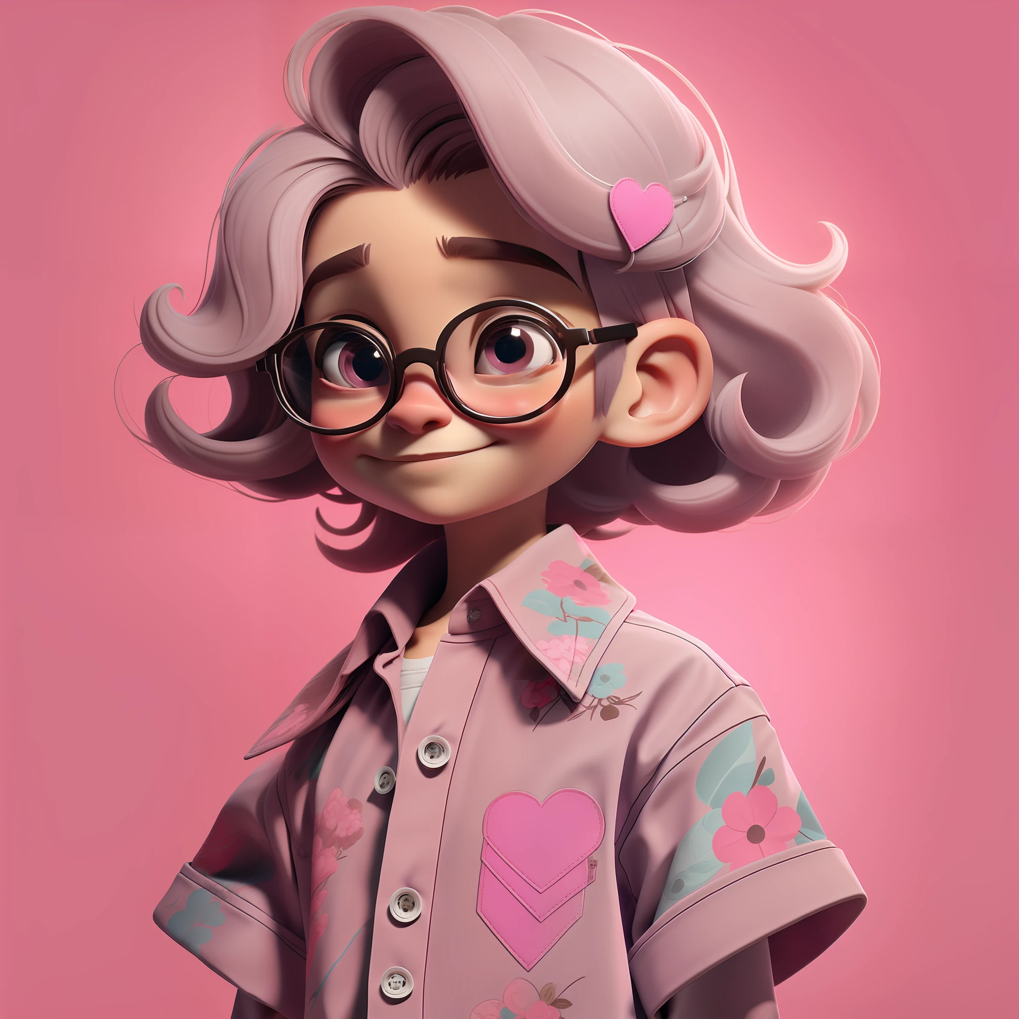 solo, 1boy, foco masculino, camisa florida, flores, camisa, fundo simples, sorriso, male child, heart-shaped glasses, cabelo curto, boca fechada, Pink is a magical color with a delicate and affectionate sensibility. Ele tem um tom rosa suave e delicado, com cabelos suaves e sedosos. Their eyes convey empathy and compassion