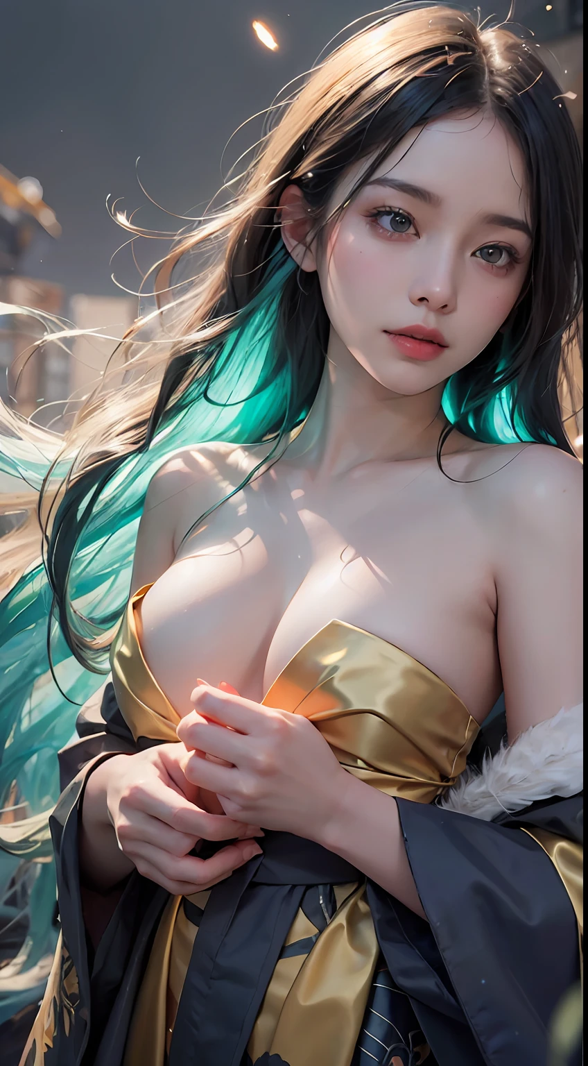 a 20 yo woman, long hair, soothing tones, high contrast, (natural skin texture, hyperrealism, soft light, sharp),golden holy aura glow, particles,exposure blend, medium shot, (hdr:1.4), high contrast, (cinematic, teal and orange:0.85), (muted colors, dim colors, soothing tones:1.3), low saturation, (hyperdetailed:1.2), (noir:0.4), big breats, smile, kimono, topless