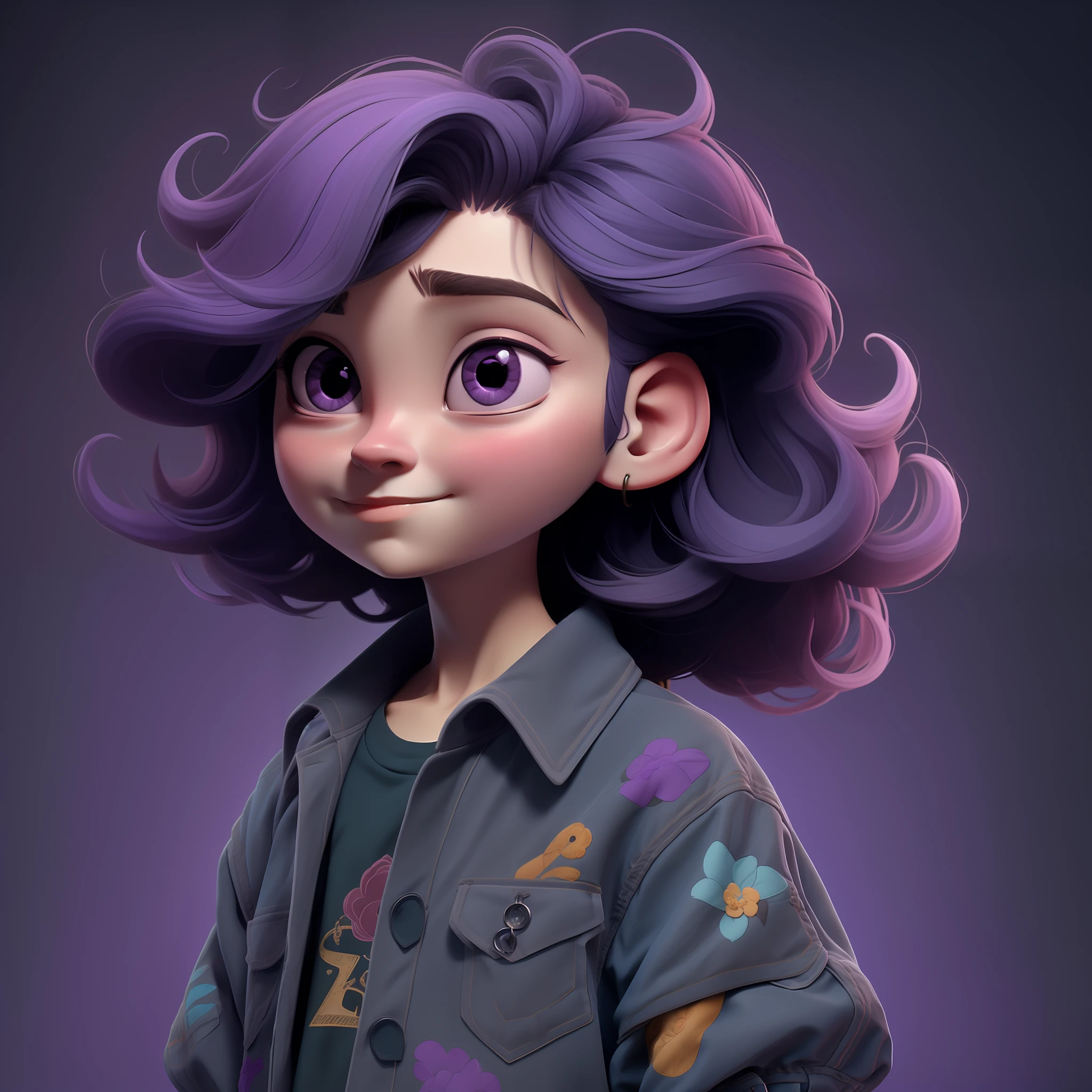solo, 1menina, foco femininko, camisa xadrez, xadrez, camisa, fundo simples, male child, enfeites no cabelo, boca fechada, Purple is a magical color with an imaginative and dreamy mind. Ela tem um tom roxo suave, with hair long and flowing like the starry night. His eyes have an enigmatic glint that reflects his ability to create fantasy worlds