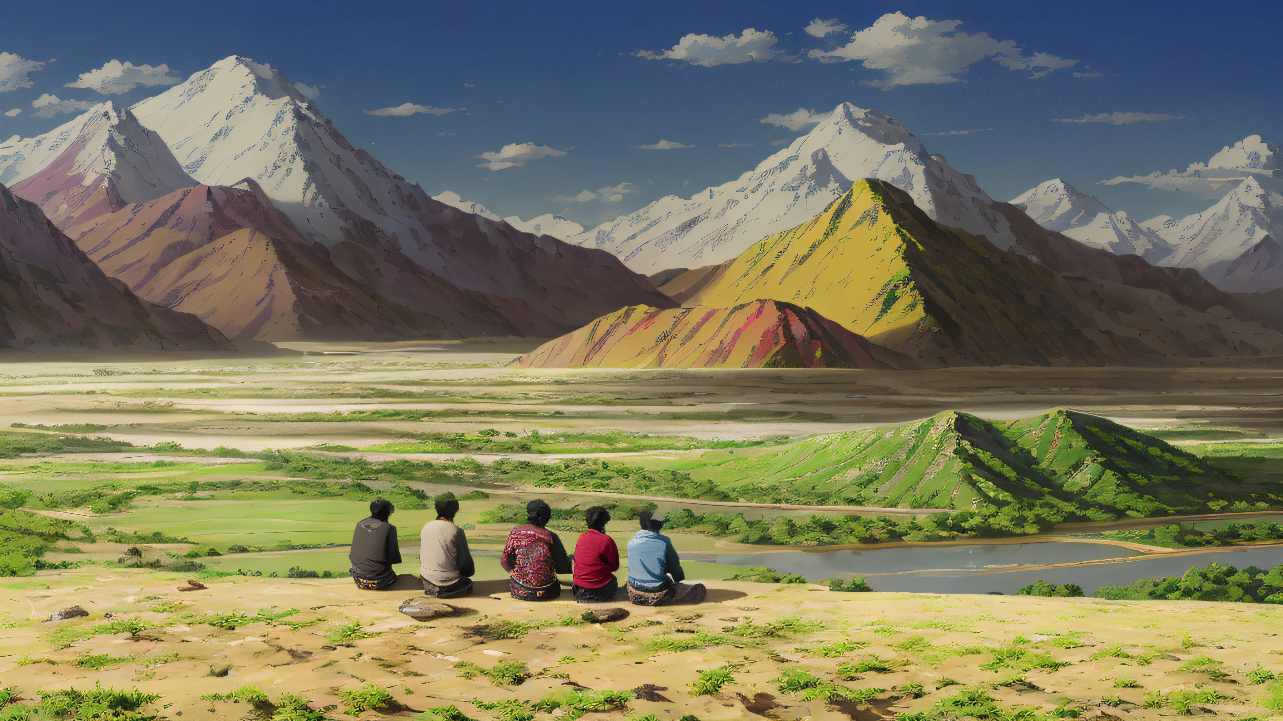 5 people,Gansu people,Tibetans,Hui,1 person standing up with an instrument in his hand,4 people sitting on the ground,People don't get too small