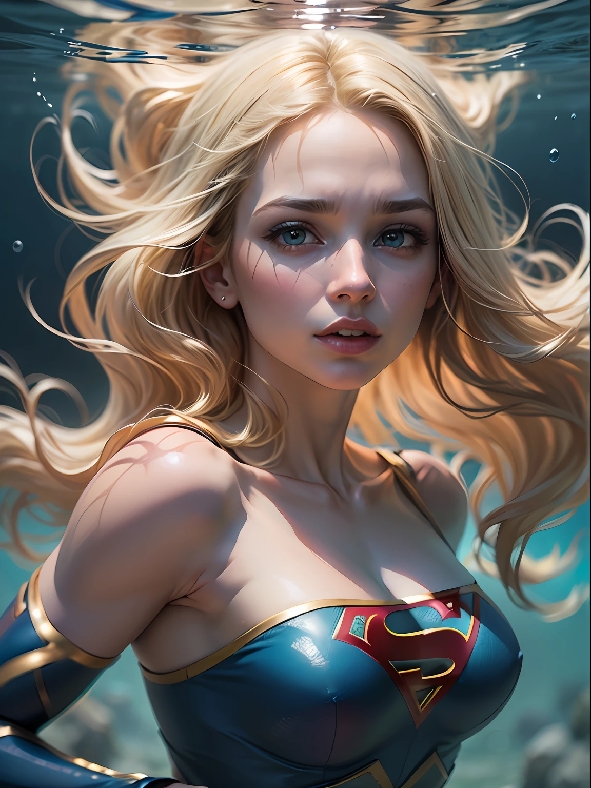 Supergirl, olhos azuis, blonde hair, Cabelos Longos, (blonde girl:1.5), dentro de um lago, banhos noturnos, (Realistic:1.2), Partially underwater shooting, (Realismo:1.2), (master part:1.2), (best quality), (Ultra Detalhado), (8k, intrincado), (85 millimeters), light particles, The lighting, (altamente detalhado:1.2), (rosto detalhado:1.5), (Gradientes), SFW, Colouring, (olhos detalhados:1.5), (Antecedentes detalhados), (Dynamic angle:1.2), (dynamic pose:1.2), (regra de terceiro_compositing:1.3), (action line:1.2), Arremesso longo, luz noturna, sozinho.