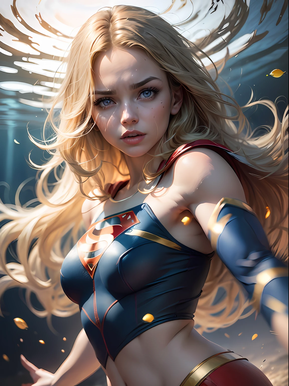 Supergirl, olhos azuis, blonde hair, Cabelos Longos, (blonde girl:1.5), dentro de um lago, banhos noturnos, (Realistic:1.2), Partially underwater shooting, (Realismo:1.2), (master part:1.2), (best quality), (Ultra Detalhado), (8k, intrincado), (85 millimeters), light particles, The lighting, (altamente detalhado:1.2), (rosto detalhado:1.5), (Gradientes), SFW, Colouring, (olhos detalhados:1.5), (Antecedentes detalhados), (Dynamic angle:1.2), (dynamic pose:1.2), (regra de terceiro_compositing:1.3), (action line:1.2), Arremesso longo, luz noturna, sozinho.