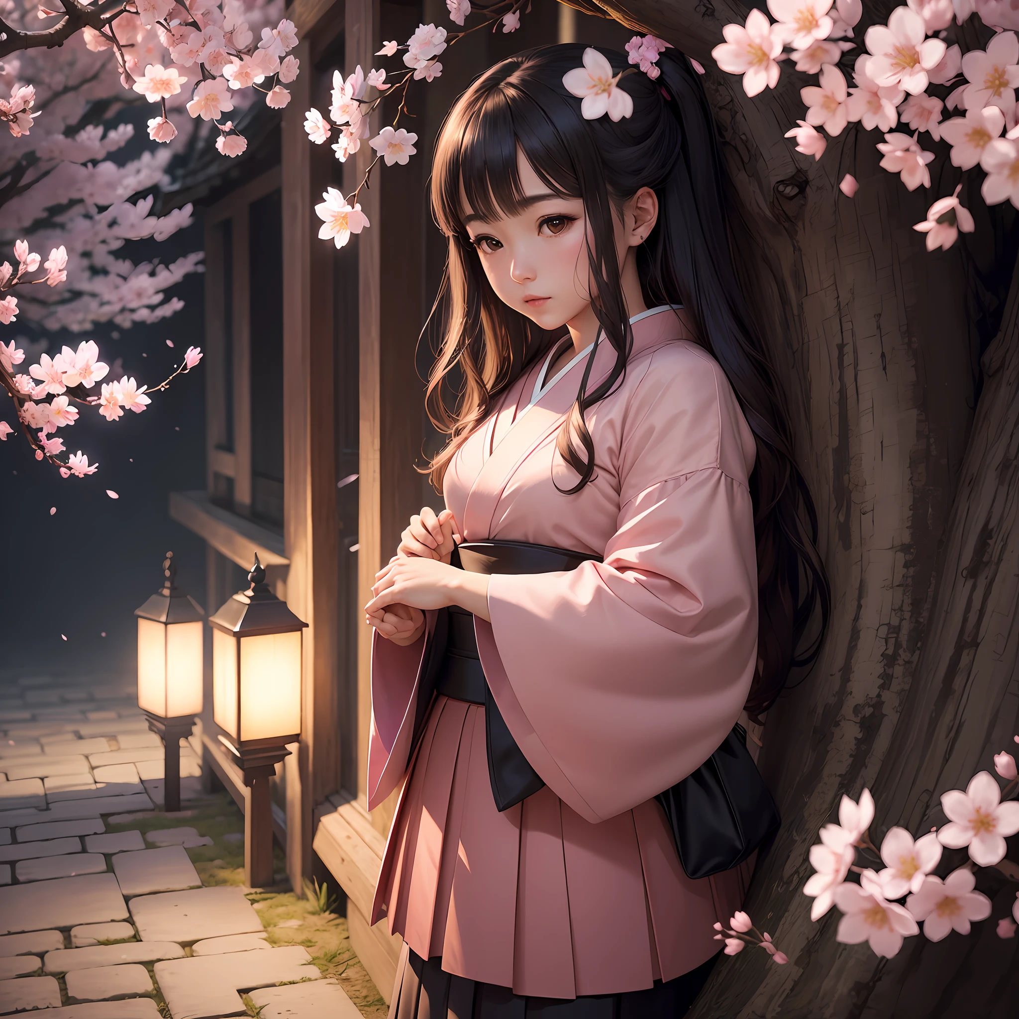 (((Brilliant work))), Best Picture Quality, Cherry blossom moonlit night 8K wallpaper in high detail, The most beautiful illustration, A beautiful Japanese girl, Under the pink cherry blossom trees, The wind blows softly, Attention to detail, Moonshine pouring, Wind-blown skirt, Unpredictable light and shadow, Romantic details, Stunning graphics. --auto