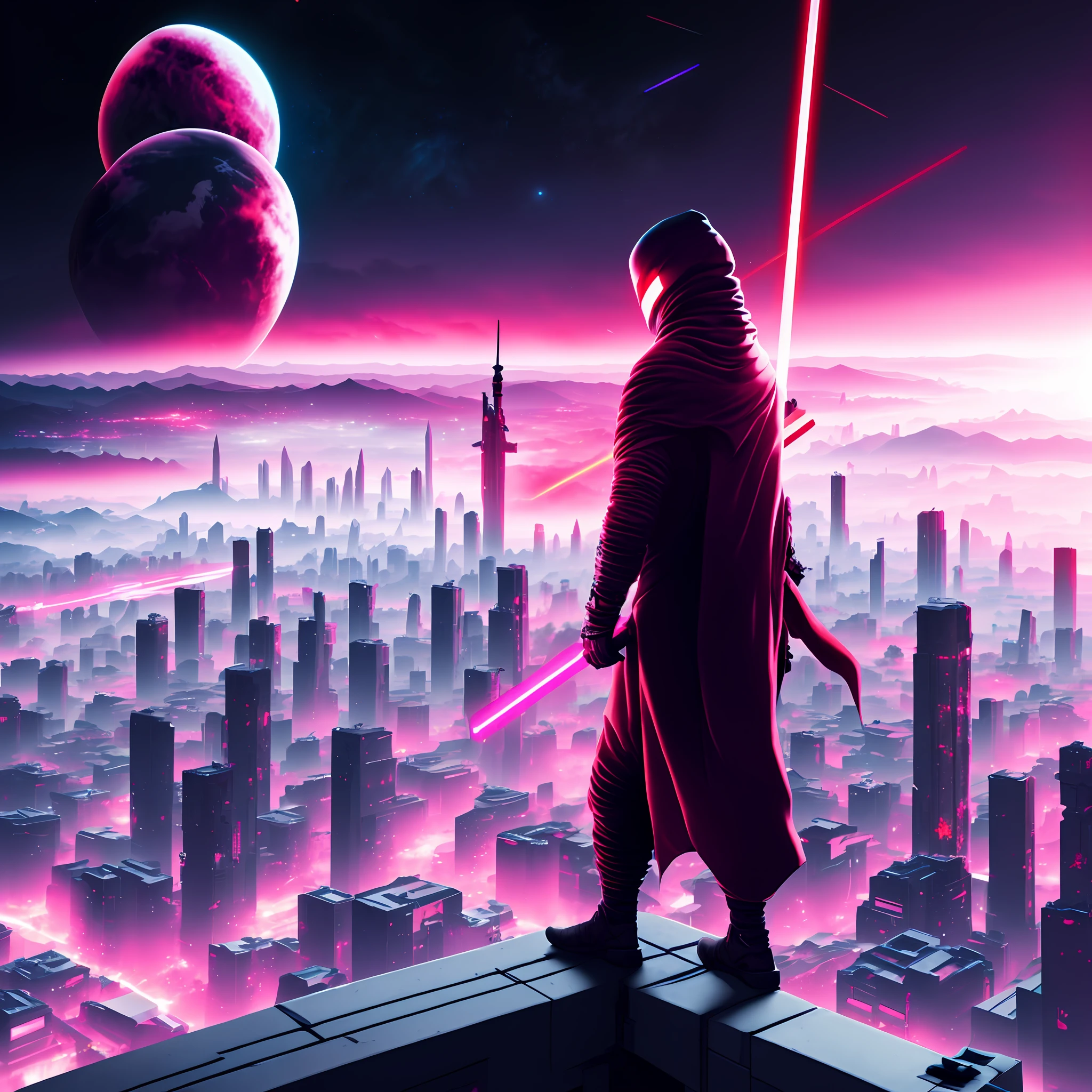 foto, a man standing on a ledge holding a red lightsaber overlooking a city at night and with a planet in the background of the city (estilo NeonNinja:1)