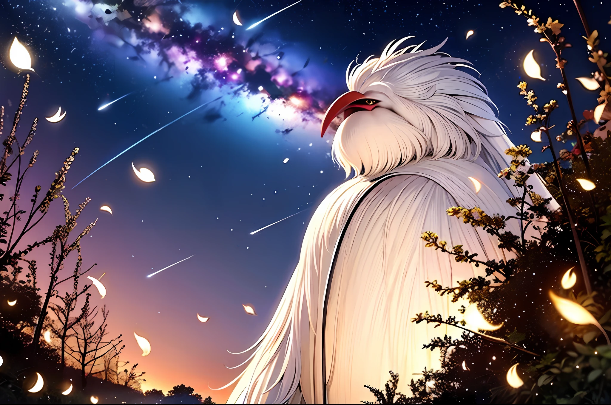 Under the Milky Way is a white-haired rooster combed in the middle of a white T and blue suspenders,It is surrounded by meadows of fireflies