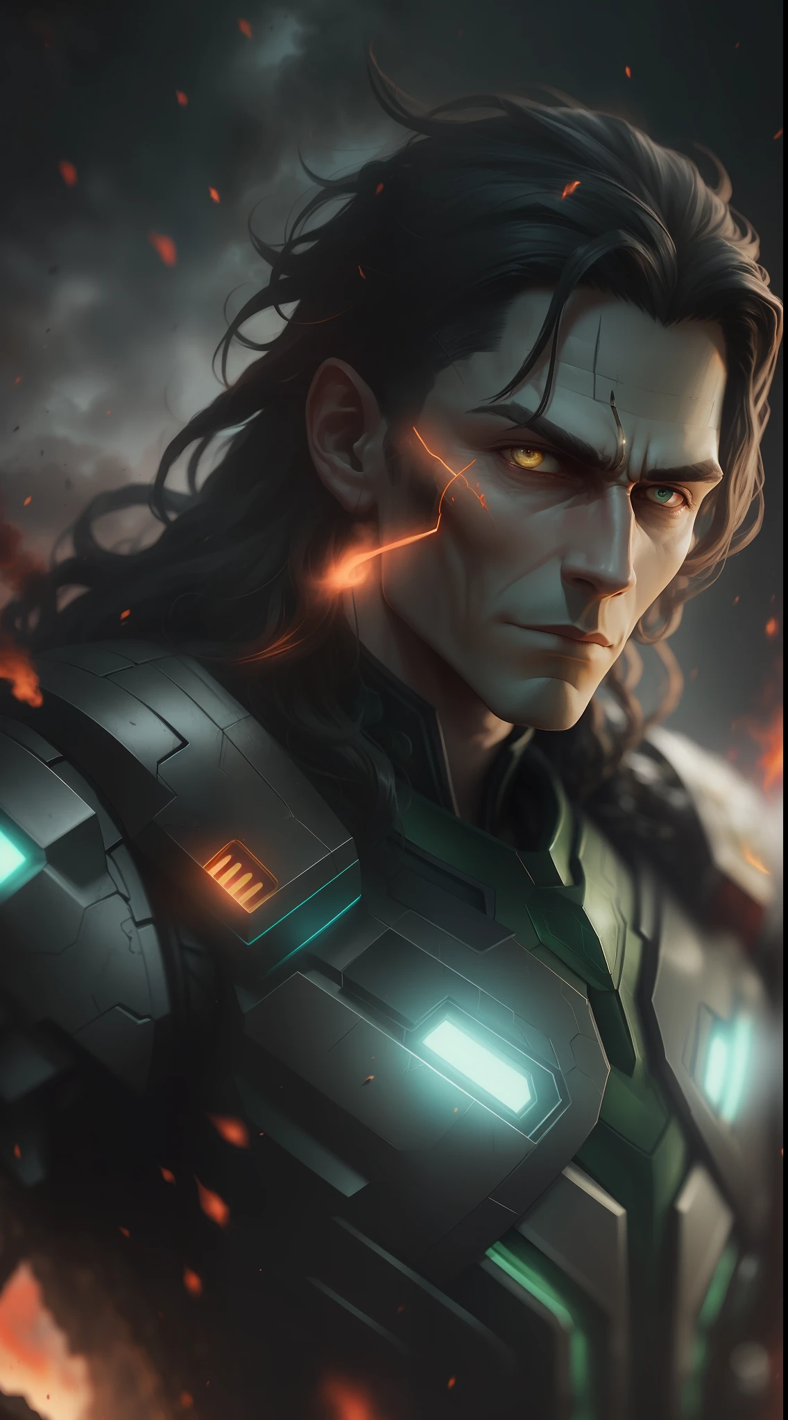 (gloomy shot: 1.1), epic realistic, Cyborg Loki from Marvel in a red smoke cloud, soft cinematic light, Adobe Lightroom, darkroom, HDR, intricate, highly detailed, (depth of field: 1.4), hyper-detail (artstation: 1.4), cinematic, warm light, dramatic light (complex details: 1.1)