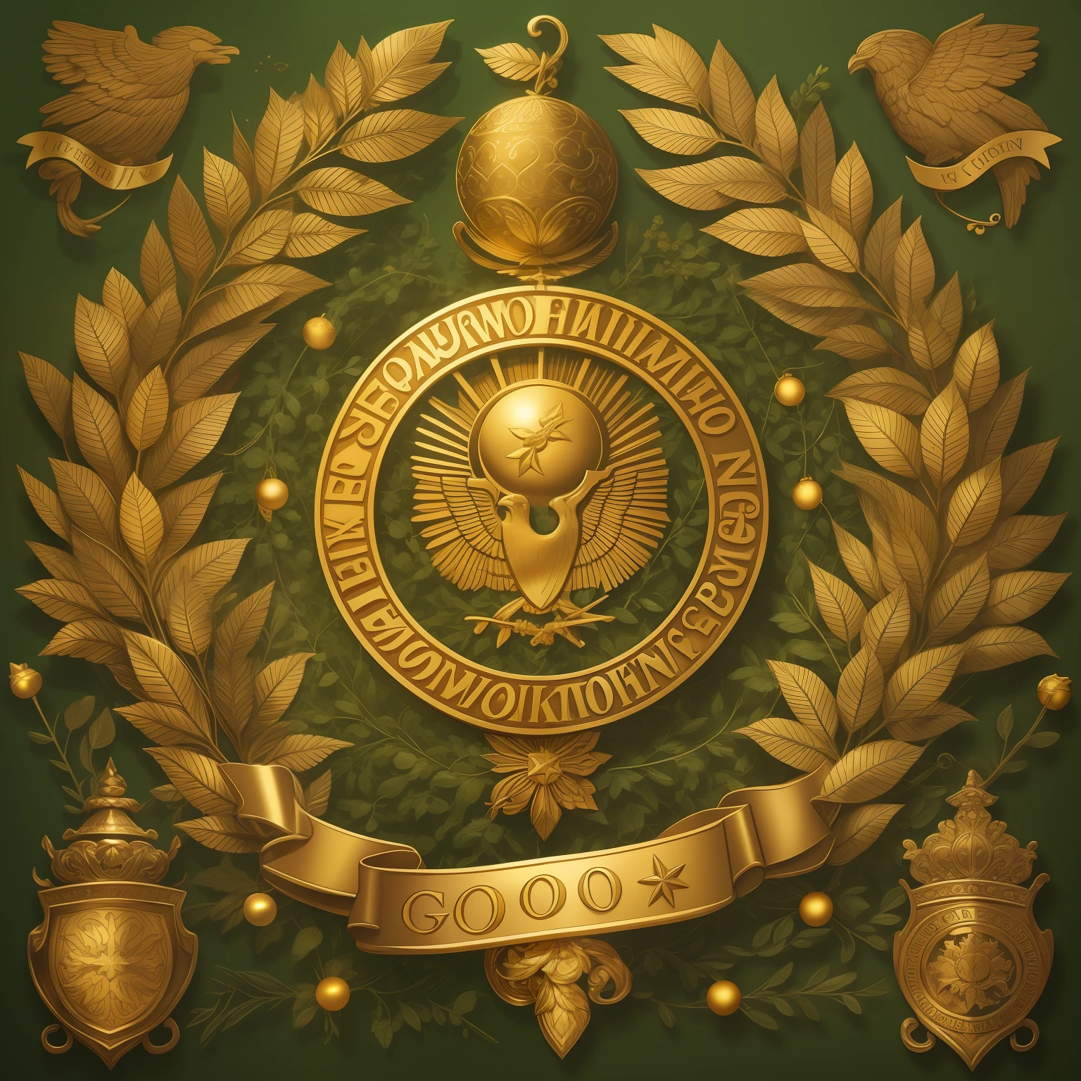 depict the ancestral coat of arms of the family : The main image - the sun symbolizing strength, light and energy:: In the upper part there is a golden wreath with stars symbolizing achievements and good luck::  In the middle part there is a vegetable garden with golden fruits and vegetables symbolizing the ability to create with your own hands:: Below there are two intersecting golden lines symbolizing learning and knowledge, with golden balls symbolizing the care and support of the family:: Above the coat of arms there are two golden waves symbolizing patience and attentiveness:: Around the coat of arms there is a golden laurel wreath, symbolizing dignity and honor::  Above the wreath there is a place under the family motto "Strength in the family, light in knowledge".