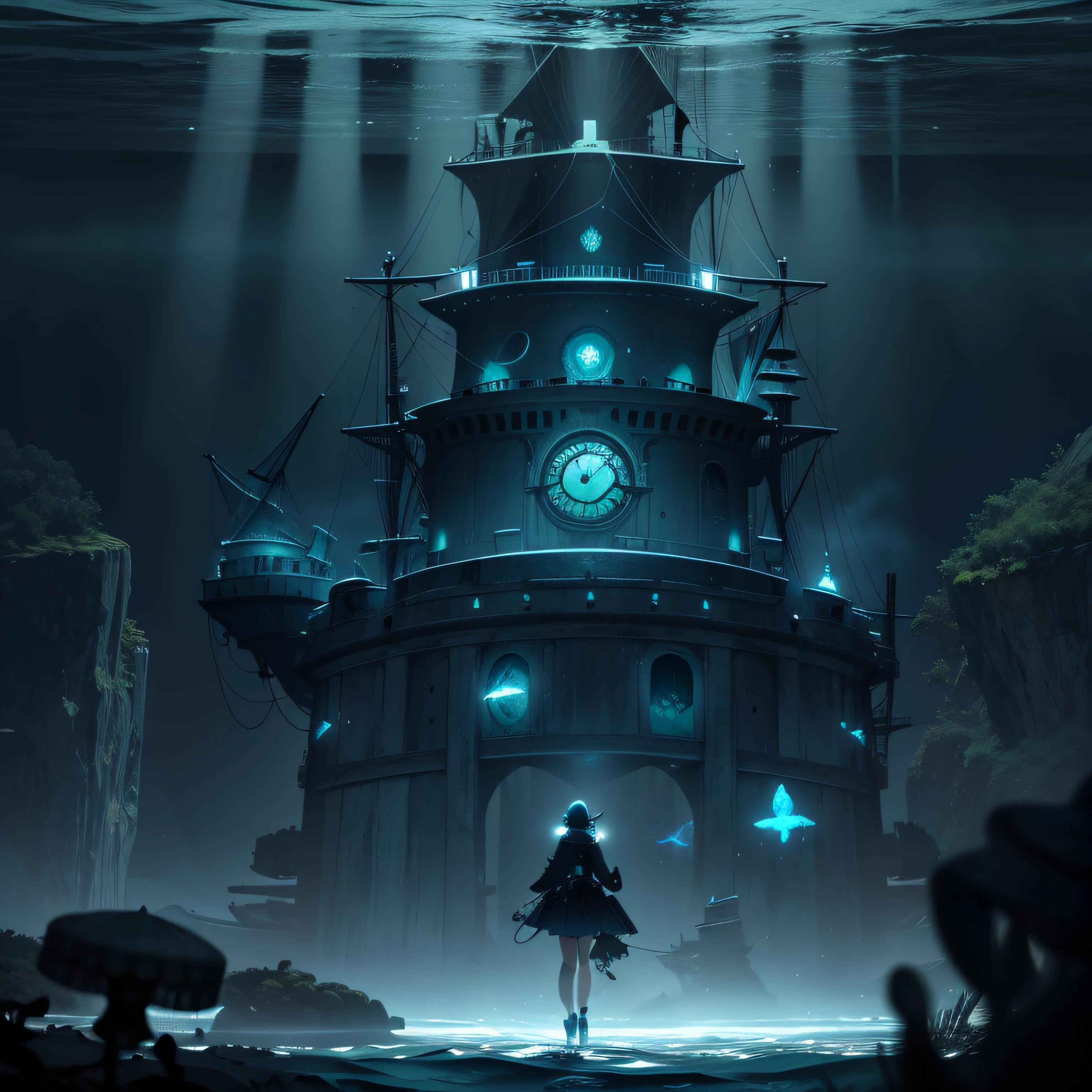 "((Profondeurs sous-marines)), Very dark sea, ((Ambiance effrayante)), Eau trouble, ((Ghost ship spotted from afar concentrating green spirits , Tourbillons)), Falaise de la mer, ((Ultra grand angle)), Flore et faune sous-marines, dramatic lighting" ,Anime , Anime Masterpiece , no humans, Green Energy Ghost Ship Concentration, Particules, tourbillon