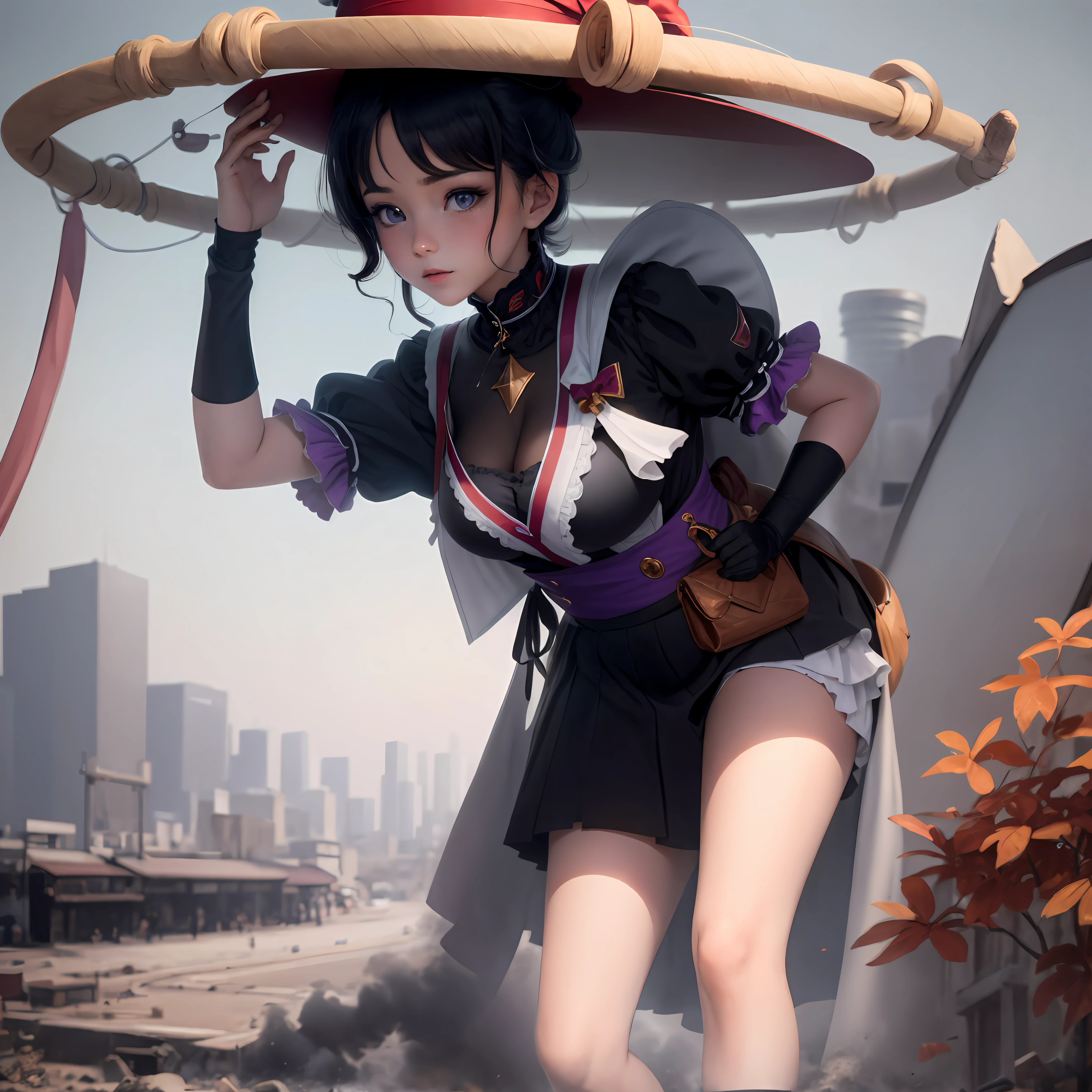 tmasterpiece,Best quality at best,1girll,female focus,Lady Lady,the maid outfit,femminine,Lori huge breasts cleavage,bucket-hat,Wanderers,the original god,schoolgirls,Gender transition,Keep the hat,Purple pupils,with short black hair,adolable