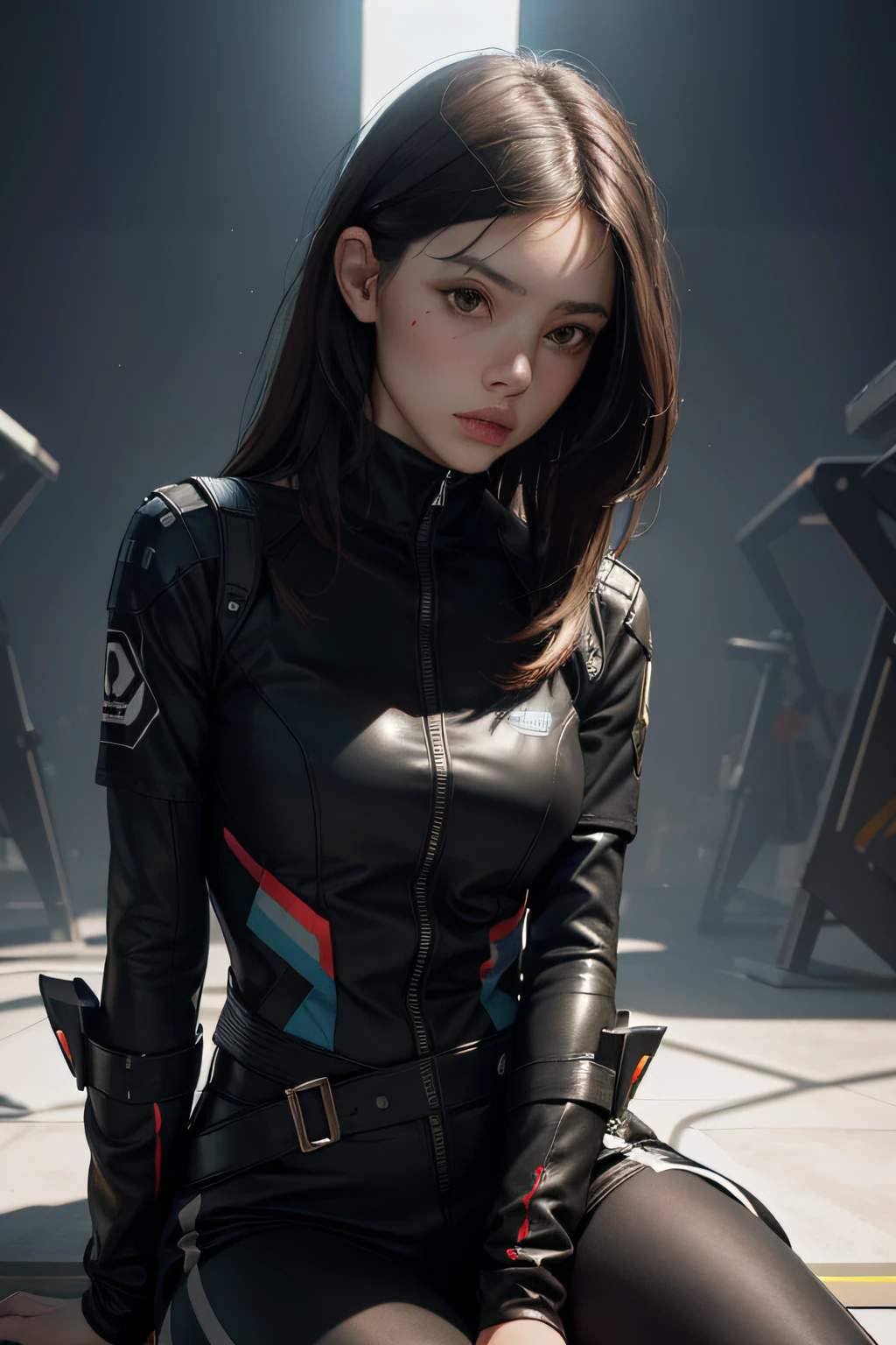 1girl， dynamic angle， （abstract backgrounds：1.3）Sit on your knees， art by Erik Jones， rendering by octane， Biochemical high exposure [Lily Sheen|Trevor Philips]， looking-down， Radiate hair， Fog conditions， rays of sunshine， L USM， ， Unity 8k壁紙， ultra - detailed， aesthetics， tmasterpiece， best qualtiy， realisticlying