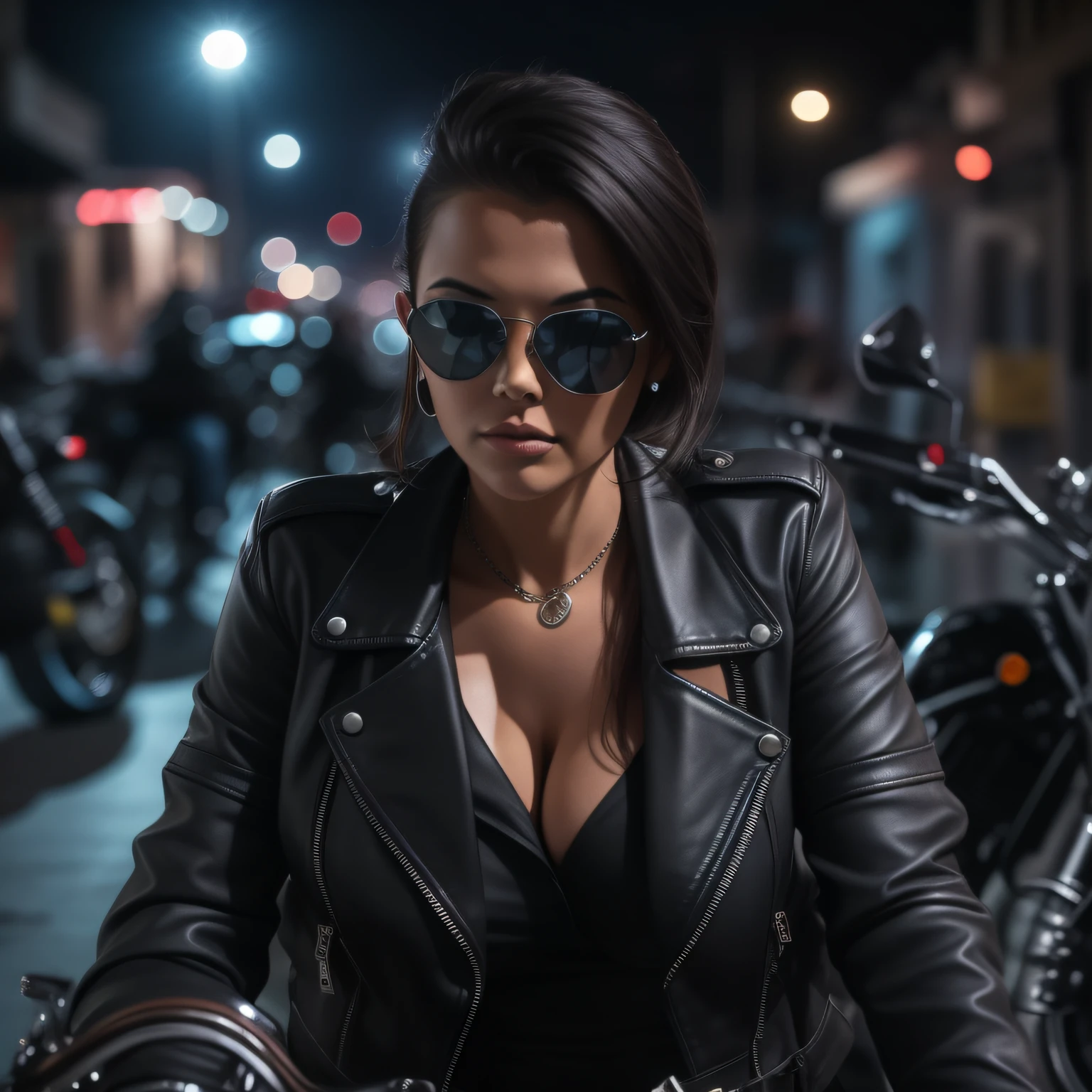 biker girl in leather clothing, brunette with black power style hair, Rayban style glasses, open leather jacket showing her beautiful cleavage, huge breasts, facing the camera, beside the motorcycle, looking at the camera, sexy style, located on a motorcycle club meeting at night