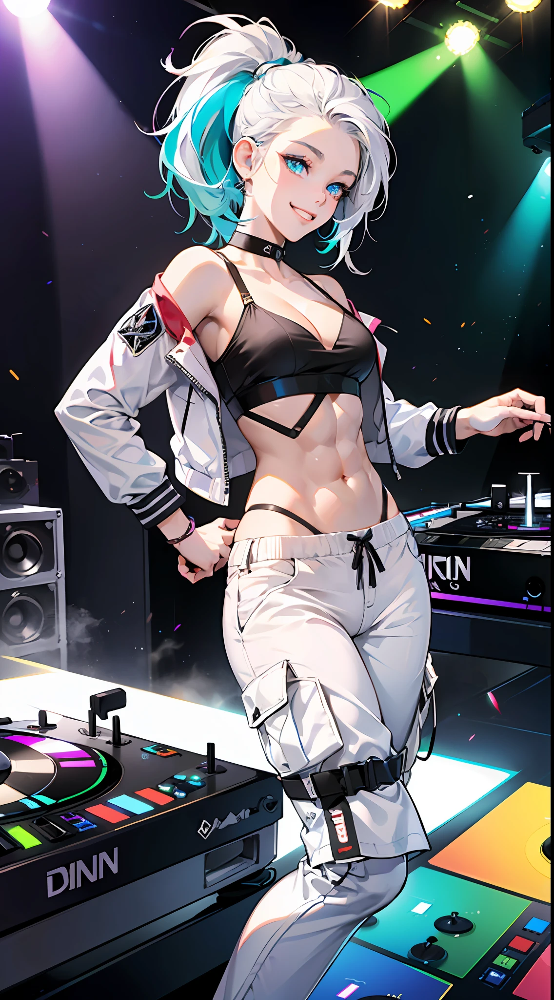 (tomboy woman DJing on turntables on stage at EDM festival:1.3), EDM event lighting effects, on stage in front of crowd, giant futuristic screens in background, neon room, (white cropped jacket:1.1), (vivid glowing blue eyes:1.2), (white hair:1.2), (cyan streaks in hair:1.2), high ponytail, (cocky smirk:1.2), (abs:1.2), rave lights, (lasers in background:1.2), glowing light strips on clothes, slim build, looking at viewer, giant speakers in background, beautiful glossy reflective detailed eyes, (high leg panties:1.2), (white cargo pants:1.3), (thin straps over hip bones:1.3), (hip straps:1.3), (side shave:1.3), (undercut:1.2), defined hip bones, cleavage, lean --auto