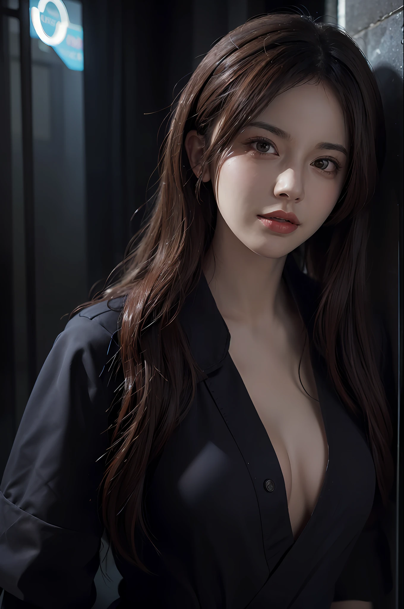 (front focus), (in the dark:1.6), Hyperrealist portrait of female by david hockney and alphonse mucha, fantasy art, photo realistic, dynamic lighting, artstation, poster, volumetric lighting, very detailed faces, 4 k, award winning, 1girl, in the dark, deep shadow, low key, cowboy shot, (official clothing:1.4), long hair, white hair