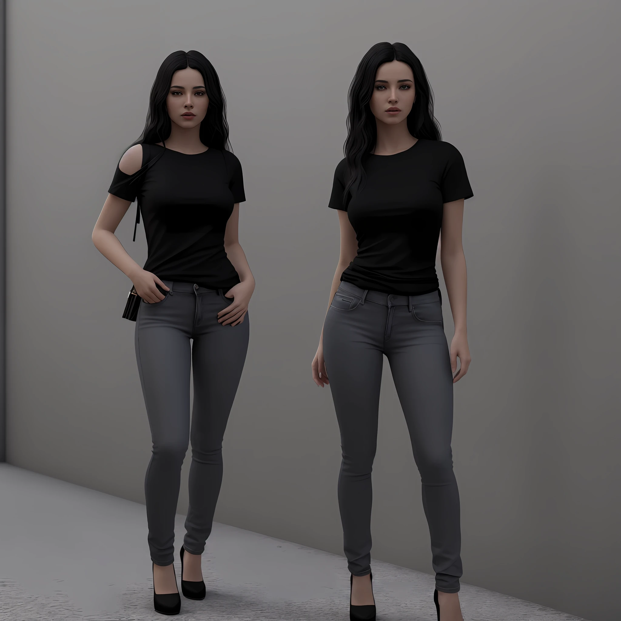 Latin young women, black hair, a portrait photo of a stylish woman, wearing a black round neck Tee-shirt, tight jeans, full body length tee-shirt, complex background, (8k, RAW photo, best quality, ultra high res, absurdres, intricate, photorealistic, masterpiece, ultra-detailed, Unreal Engine)