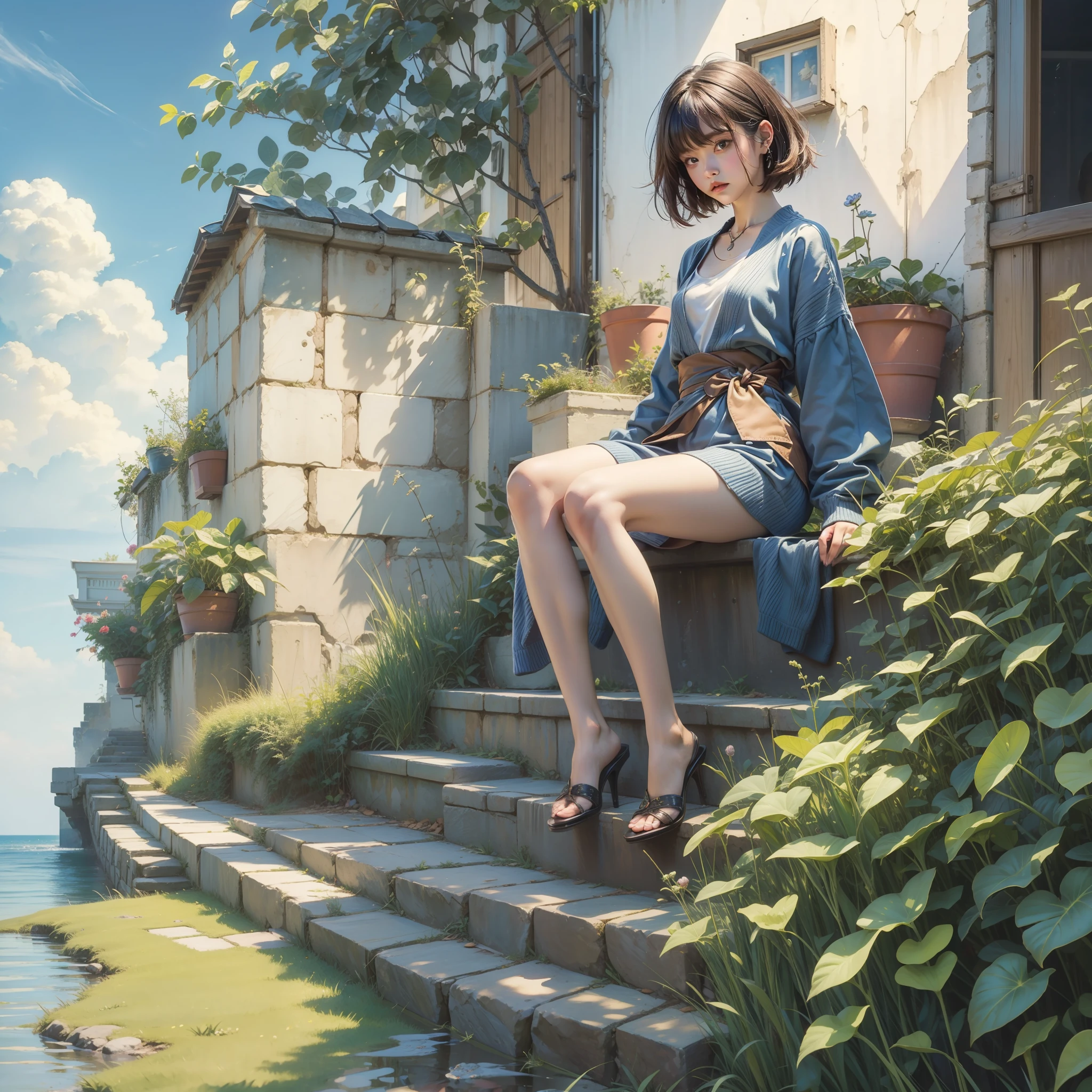((​masterpiece))、a closeup、top-quality、Exquisite painting style、watercolor paiting、blue-sky、Sweaters、sash、(evening)、(Cute little girl s)、Green grass、very short saddle brown hair、Lovely girl、Medium chest、(age19)、(milli:0.6)、paler、thighs thighs thighs thighs、],(skiny)、、​masterpiece、top-quality、、​masterpiece、top-quality、