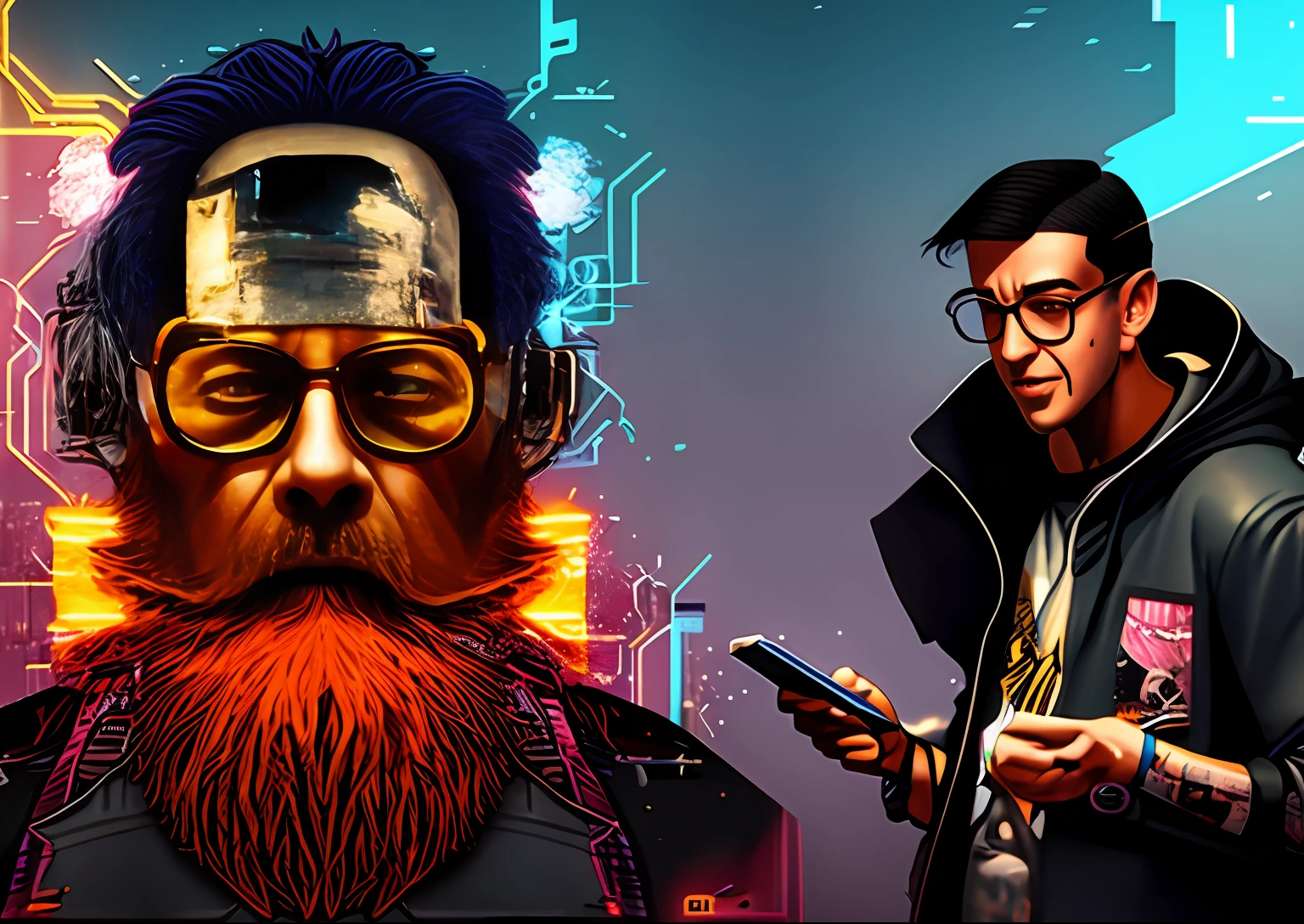 There are two pictures of a man with a beard and long hair, um homem sem barba com um celular, Velho cyberpunk, Isaac Asimov e Marc Simonetti, Beeple e Jean Giraud, Vapor e Cyberpunk, Beeple e Greg Rutkowski, Beeple e Jeremias Ketner, Harry Potter em Cyberpunk, Asimov, artificial intelligence gods --auto