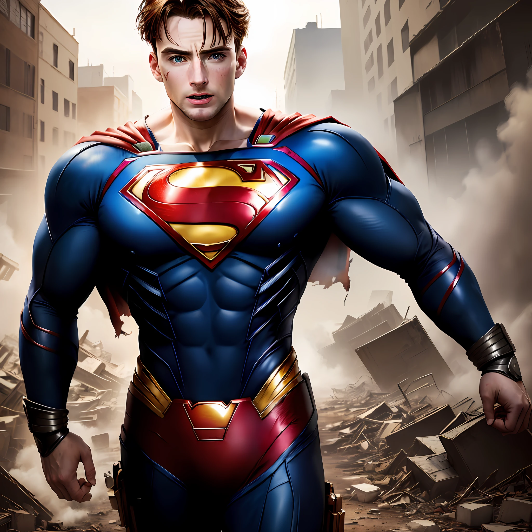 Chris Evans hyper detalhado, cosplay hiperrealista Superman, Post-Apocalypse setting