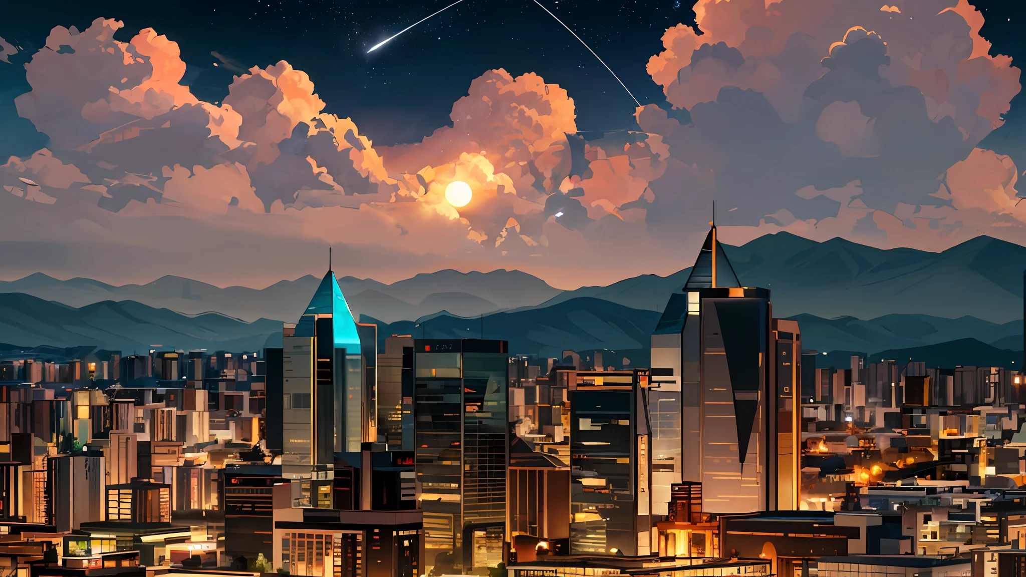 Expansive landscape photograph, (view from below with a view of the sky and wilderness below), a guy standing in a grass field looking up, 25 year old guy, short hair, black hair, glasses, ragged attire, (full moon: 1.2), (shooting star: 0.9), (nebula: 1.3), distant mountain, tree break production art, (warm light source: 1.2), (firefly: 1.2), lamp, purple and orange, intricate detail, volume lighting, realism break (masterpiece: 1.2) (Best Quality), 4K, Ultra-Detailed, (Dynamic Configuration: 1.4), Highly Detailed and Colorful Details, (Iridescent Colors: 1.2), (Glowing Lighting, Atmospheric Lighting), Dreamy, Magical, (Solo: 1.2)