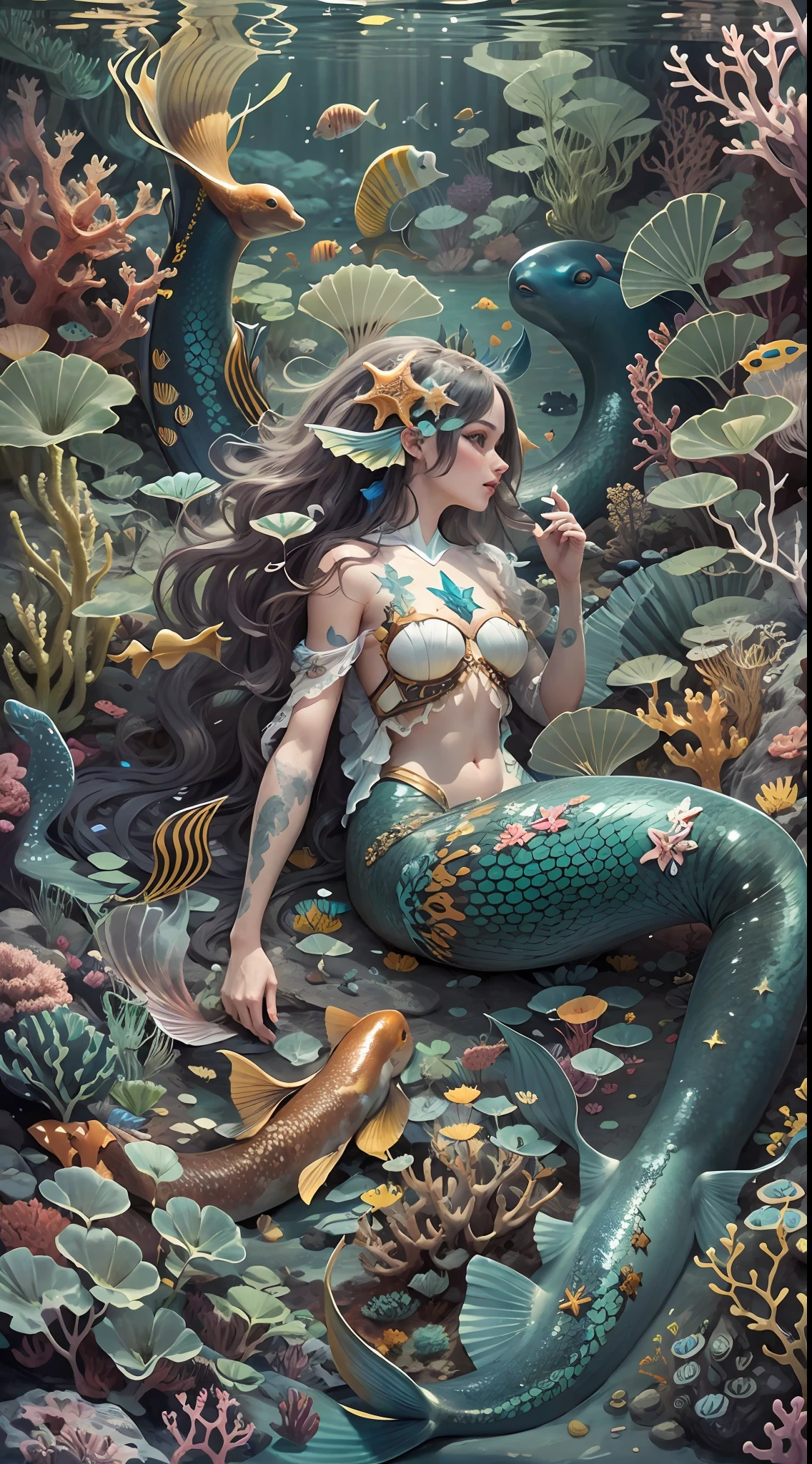 ocean floor,mermaids,Colorful blisters,Masterpiece,Best quality,8K,insanely details,Intricate details,ultra - detailed,hyper qualit,High detail,Ultra detailed,