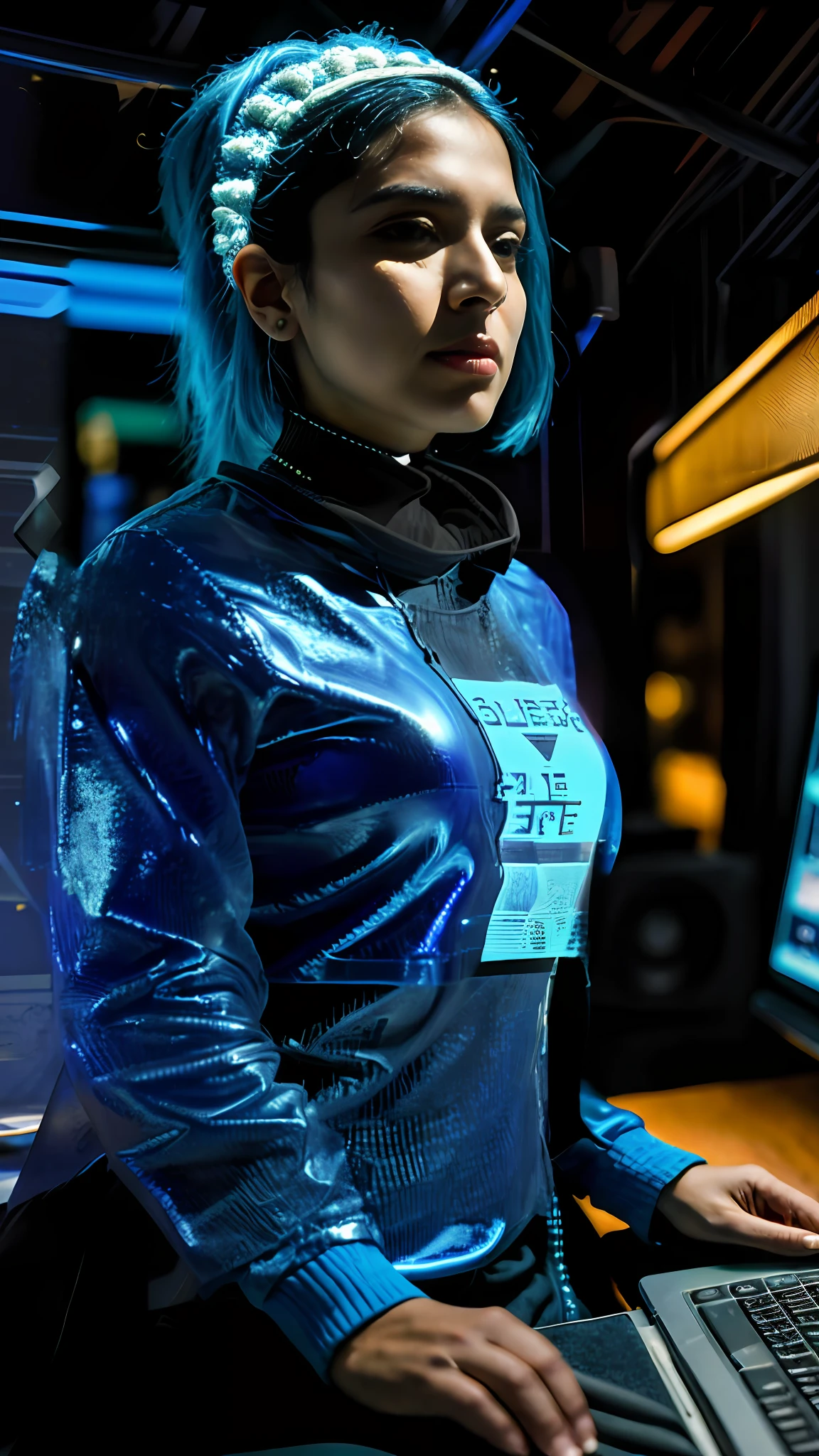 guatemalan woman with blue hairs using a computer, cyberpunk blue ambience, , photorealistic, highly detailed skin, high detail, skin pores, skin moles, blue ambience, insane details, intrincated details, high detail skin, ((skin pores)), high detail eyes, highly detailed pupils, film grain, 8K, 4K, raw photo, analog style, a masterpiece, award winning photography, natural lighting, 8k uhd, high quality, film grain, Fujifilm XT3, low key illumination, raw photo,rim lighting, ((Best quality)), ((masterpiece)), (highly detailed:1.3),