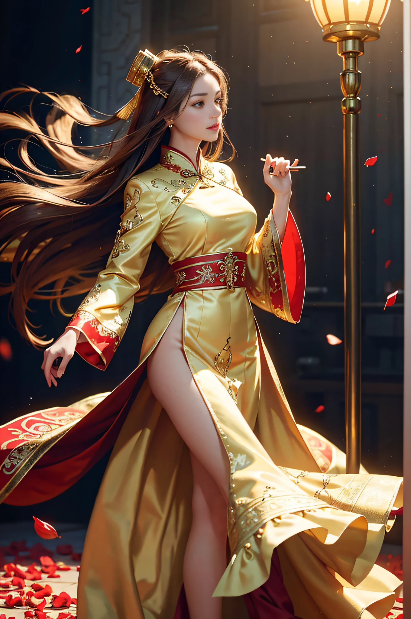 best quality, masterpiece, highres, (exquisite body:1.5),gorgeous face,(milky skin:1.3),intricate details,high resolution,wallpaper,
1girl, solo, dress, hair ornament, (((gold and red dress))), flowers, long hair, brown hair, closed mouth, jewelry, long sleeves, hand up, wide sleeves, big eyes,floating hair, chinese clothes, hanfu, embroidery, long skirt, natural pose, falling petals, indoor,fanning, lantern,
16K,HDR,highres,depth field,(film grain:1.1),boken,golden hour,(lens flare),vignette,rainbowing,(color grading:1.5)