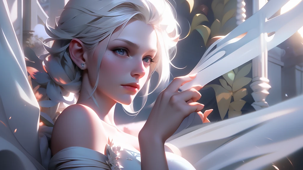 Elsa in white hair and fabric style Final Fantasy VII,masterpiece, bestquality, (extremely detailed cg unity 8k wallpaper), (bestquality), (best illustration), (best shadows), Absurd, Realistic lighting, (abyss), Beautiful Detailed Glow