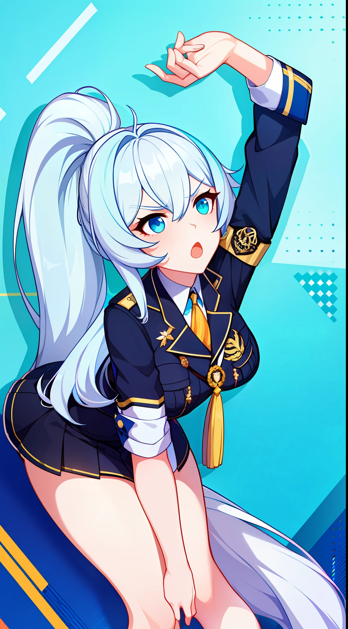 Tall girl, Long white hair, high ponytail, Cyan eyes, Officer's uniform, копьë, anger, Masterpiece, hiquality