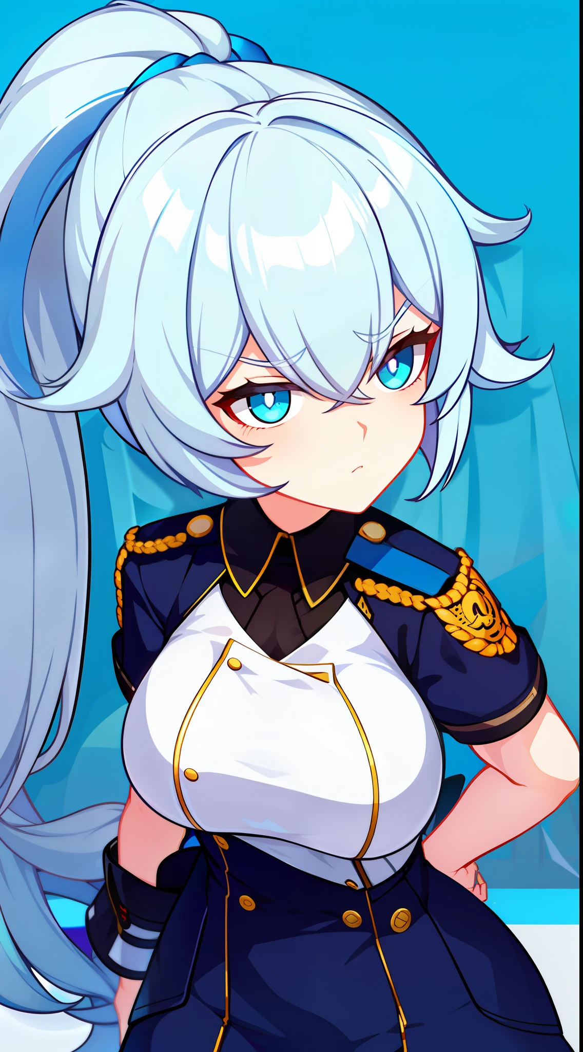 Tall girl, Long white hair, high ponytail, Cyan eyes, Officer's uniform, копьë, anger, Masterpiece, hiquality