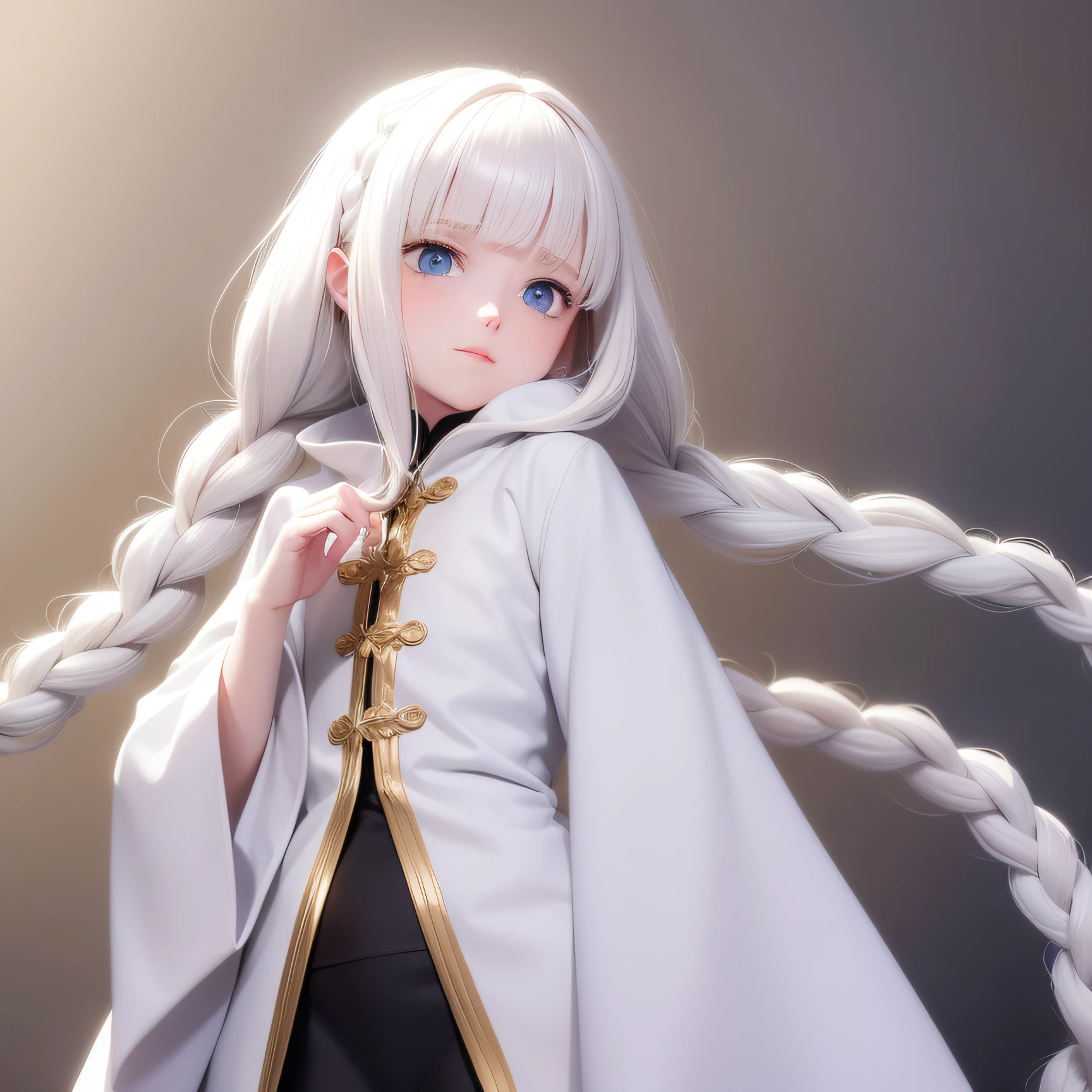 Manteau blanc,white skinned,whaite hair,long braid,Golden eyes,Look up,The upper part of the body,Need,tmasterpiece
